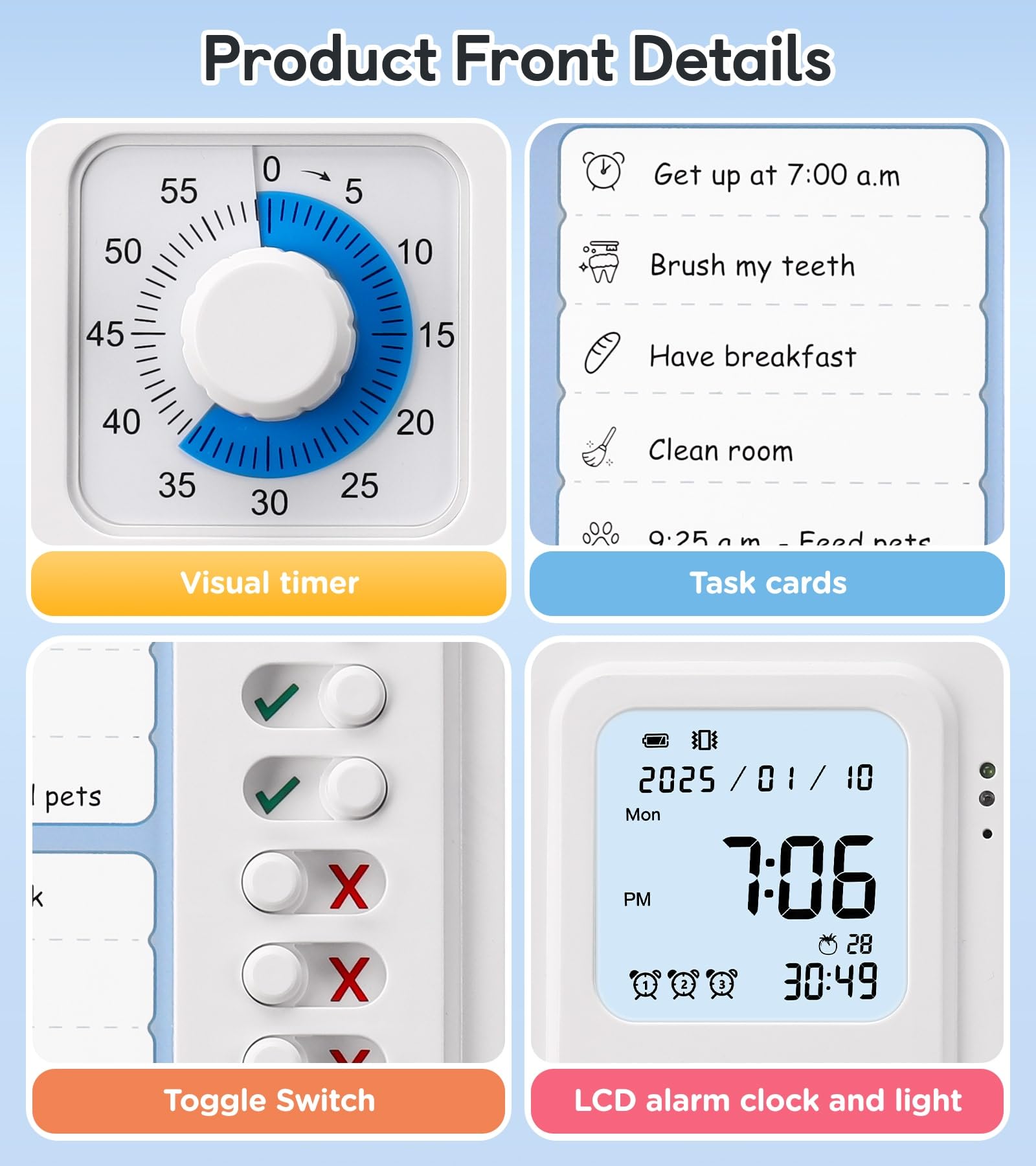 3-in-1 Visual Timer with Chore Chart & Digital Clock for ADHD Focus, Routines & Daily Schedules – White