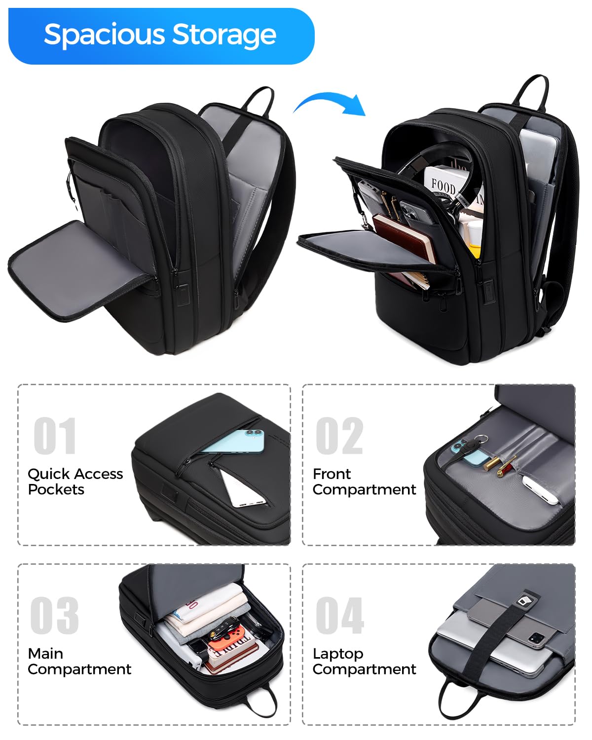 FENREE.GEER Expandable Work Laptop Backpack – 12L–22L Water-Resistant Backpack with USB-C & USB-A Ports for 15.6” Laptops (Black)
