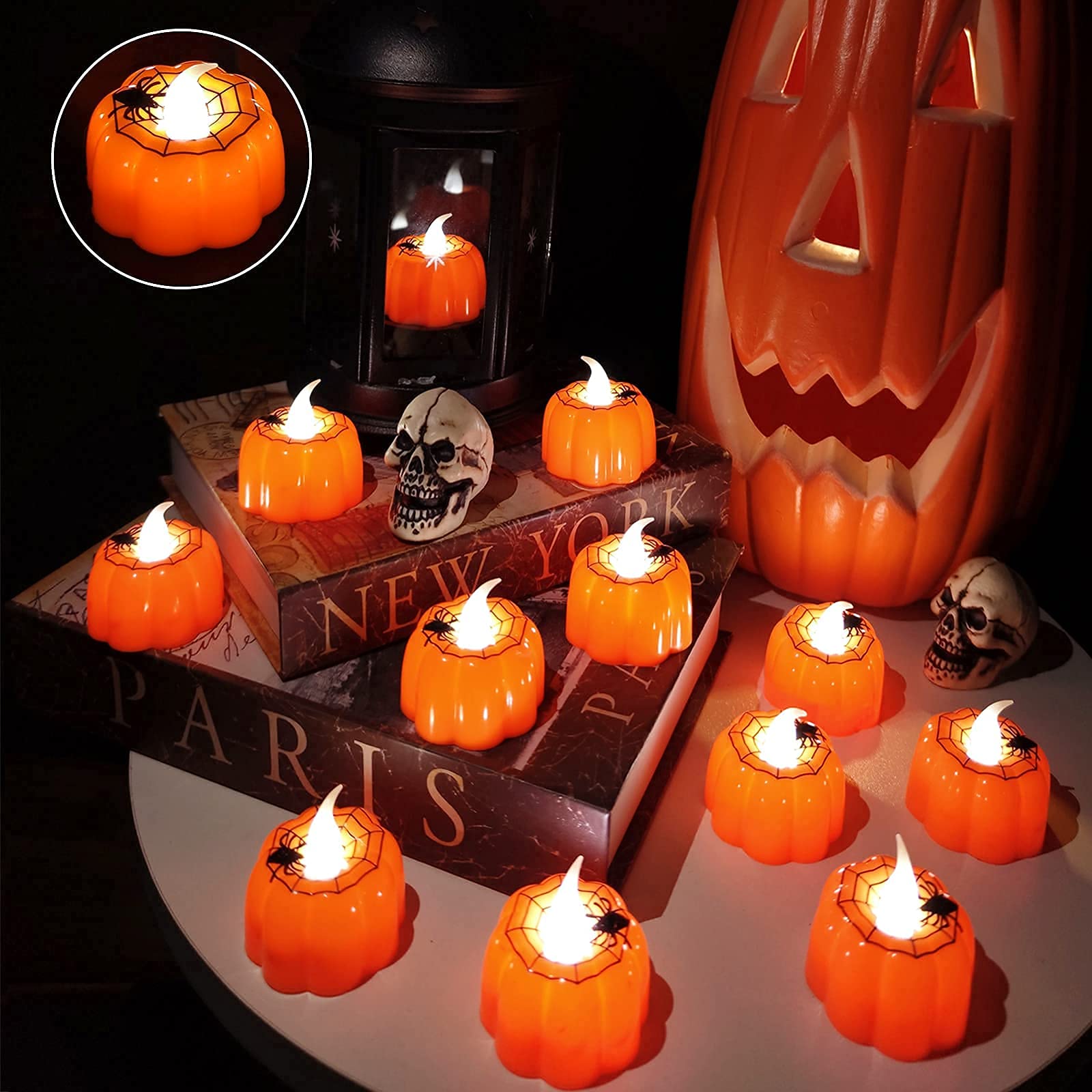 12-Pack Halloween Pumpkin LED Tea Light Candles – Flickering Flameless Pumpkin Lights for Spooky Décor