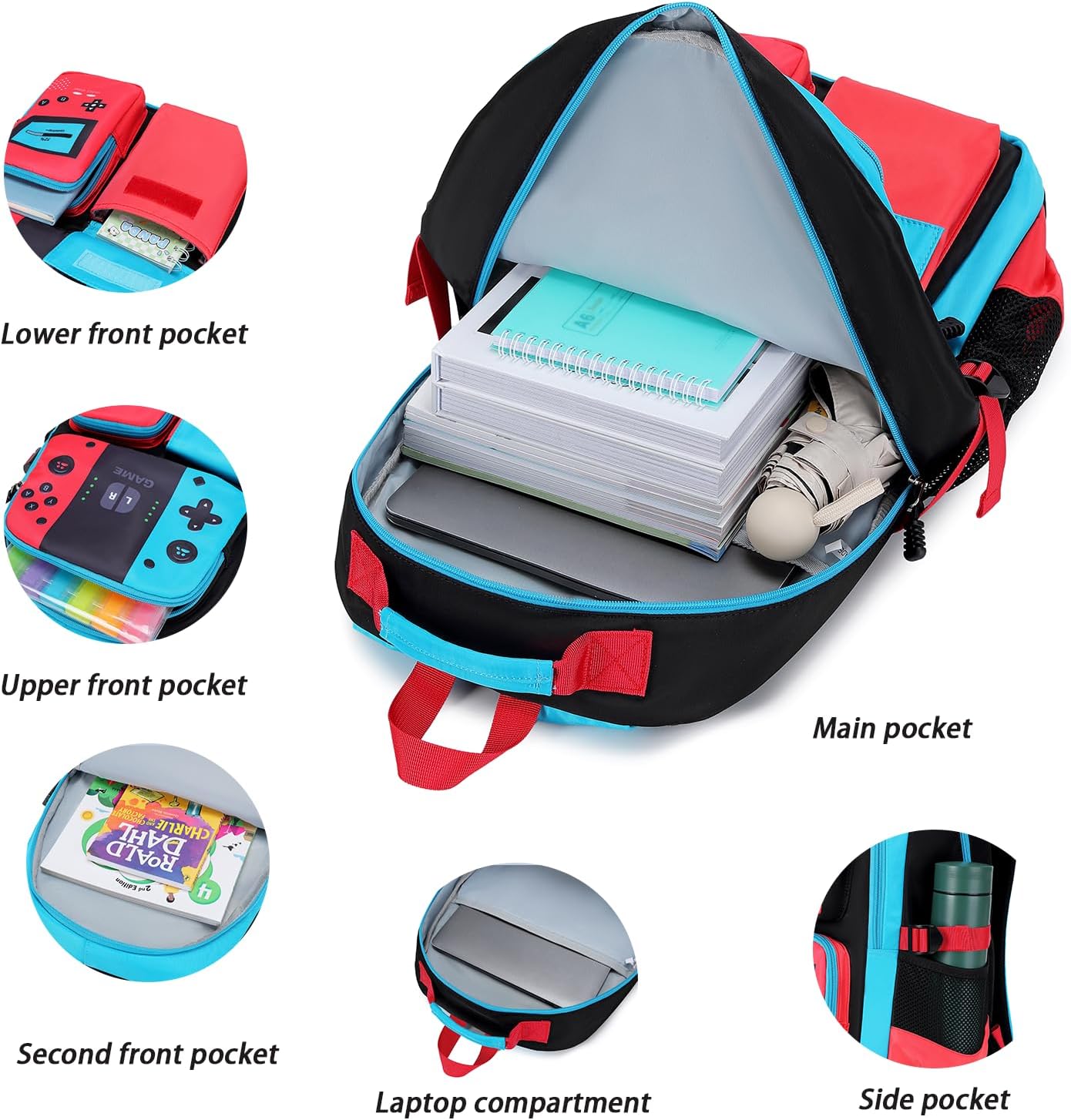 Blue Red Glow-in-the-Dark School Backpack with Laptop Sleeve