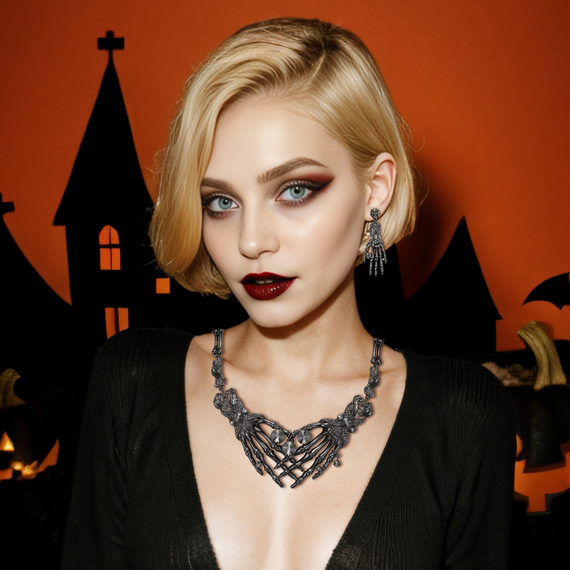 Gothic Halloween Jewelry Set – Gray Black-Tone Necklace & Earrings by Ever Faith