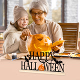 Metal Happy Halloween Table Sign – Black & Orange Desktop Decoration with Wooden Base (Multi-Color)