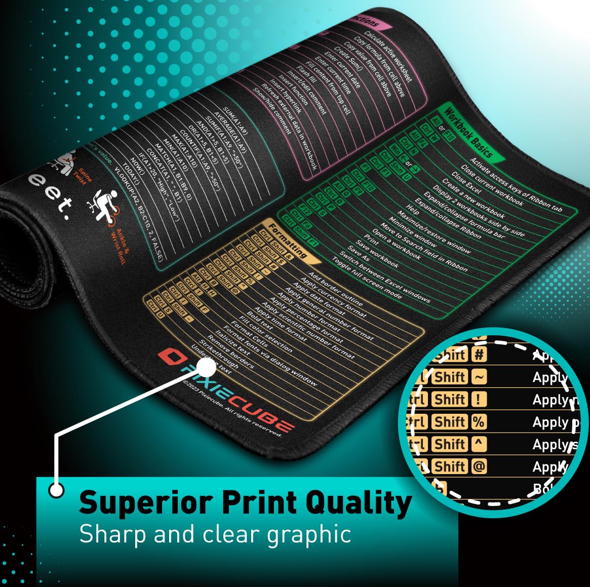 Pixiecube Excel Shortcut Keys Extended Mouse Pad XL Desk Mat Non Slip Stitched Edge Spreadsheet Cheat Sheet
