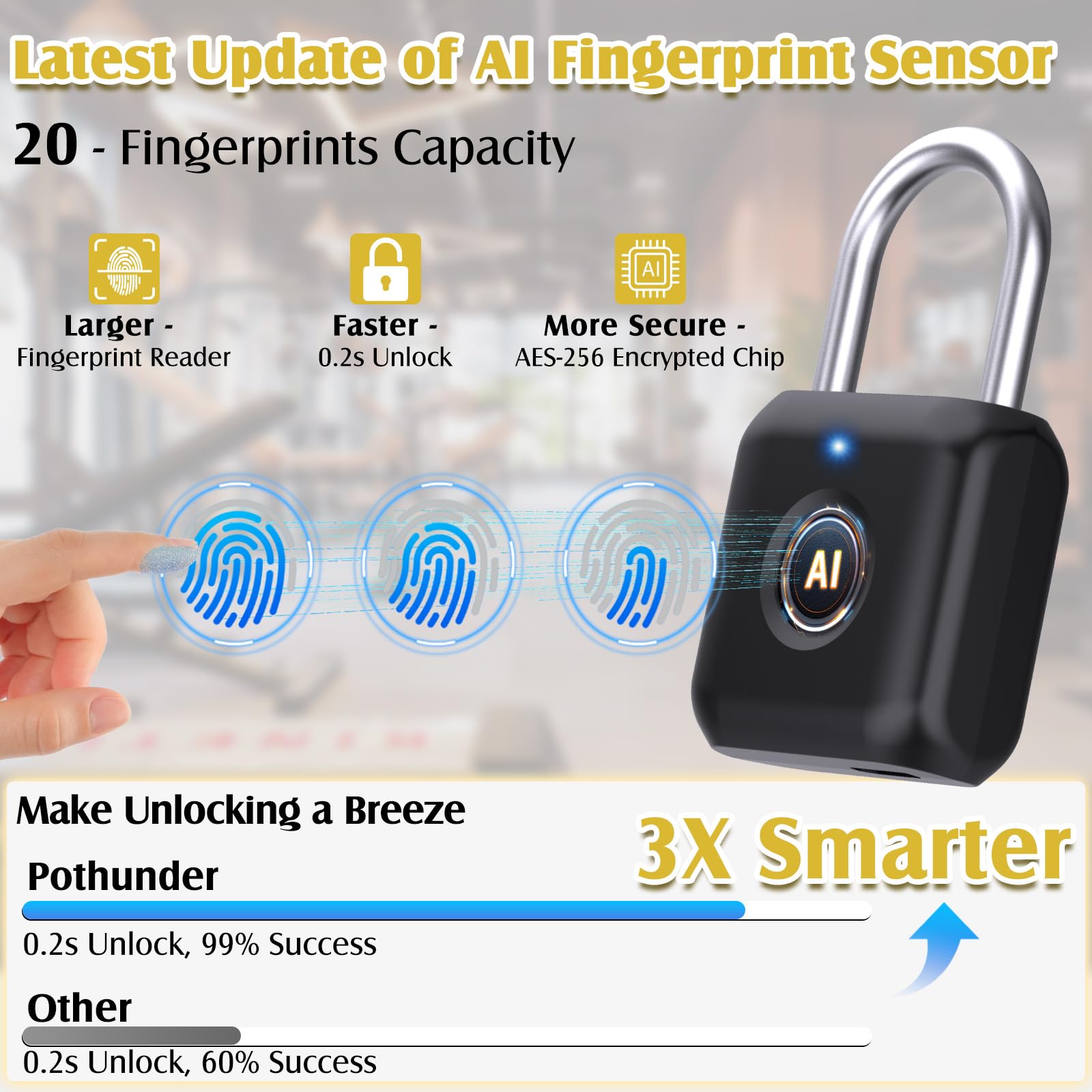 Bluetooth Fingerprint Smart Padlock with App Control, USB Rechargeable Biometric Locker Lock for Gym, Luggage & Storage
