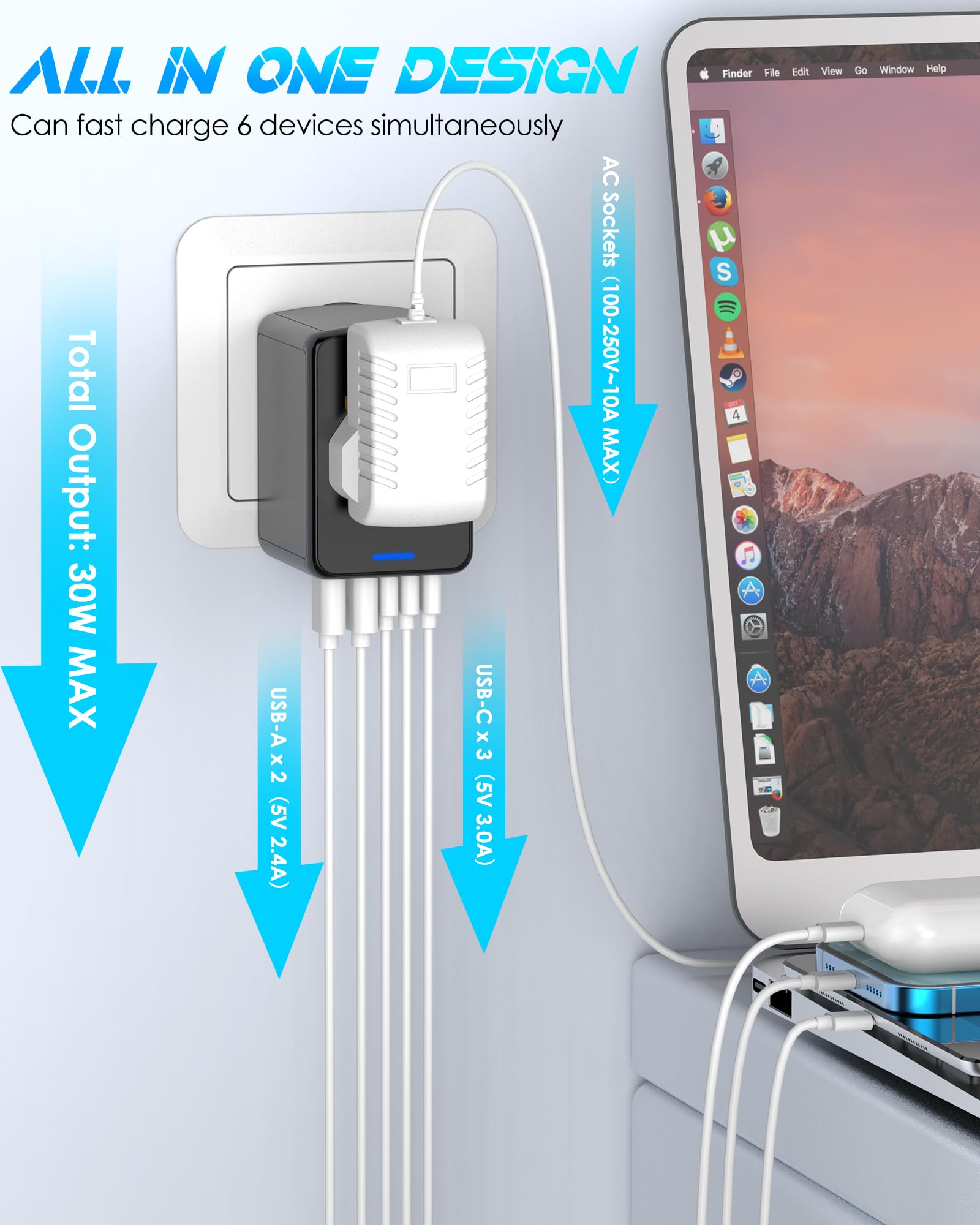 Universal Travel Adapter with 3 USB-C & 2 USB-A Ports – Worldwide Plug Adapter for 200+ Countries