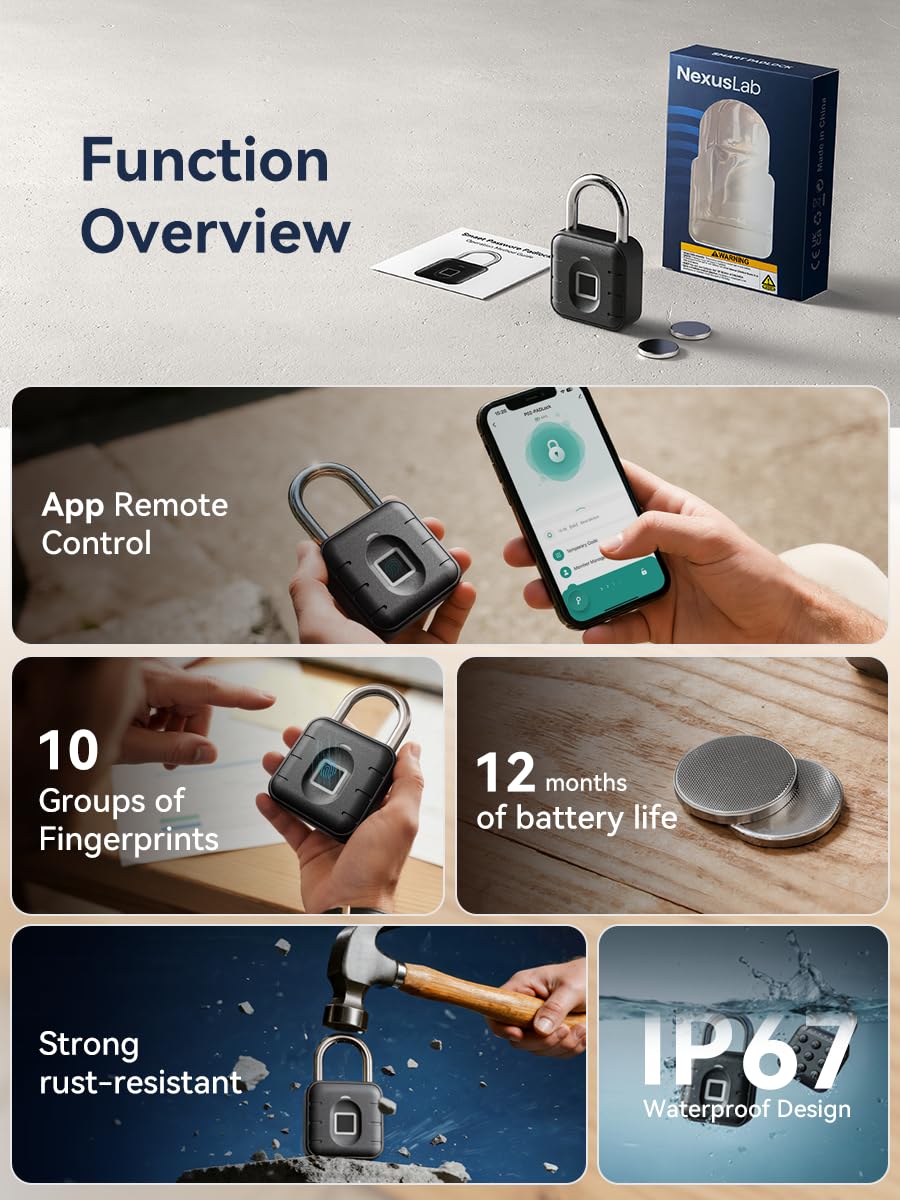 TUYA Bluetooth Fingerprint Smart Padlock with App Control, IP67 Waterproof Biometric Lock for Gym, Travel & Outdoor Security
