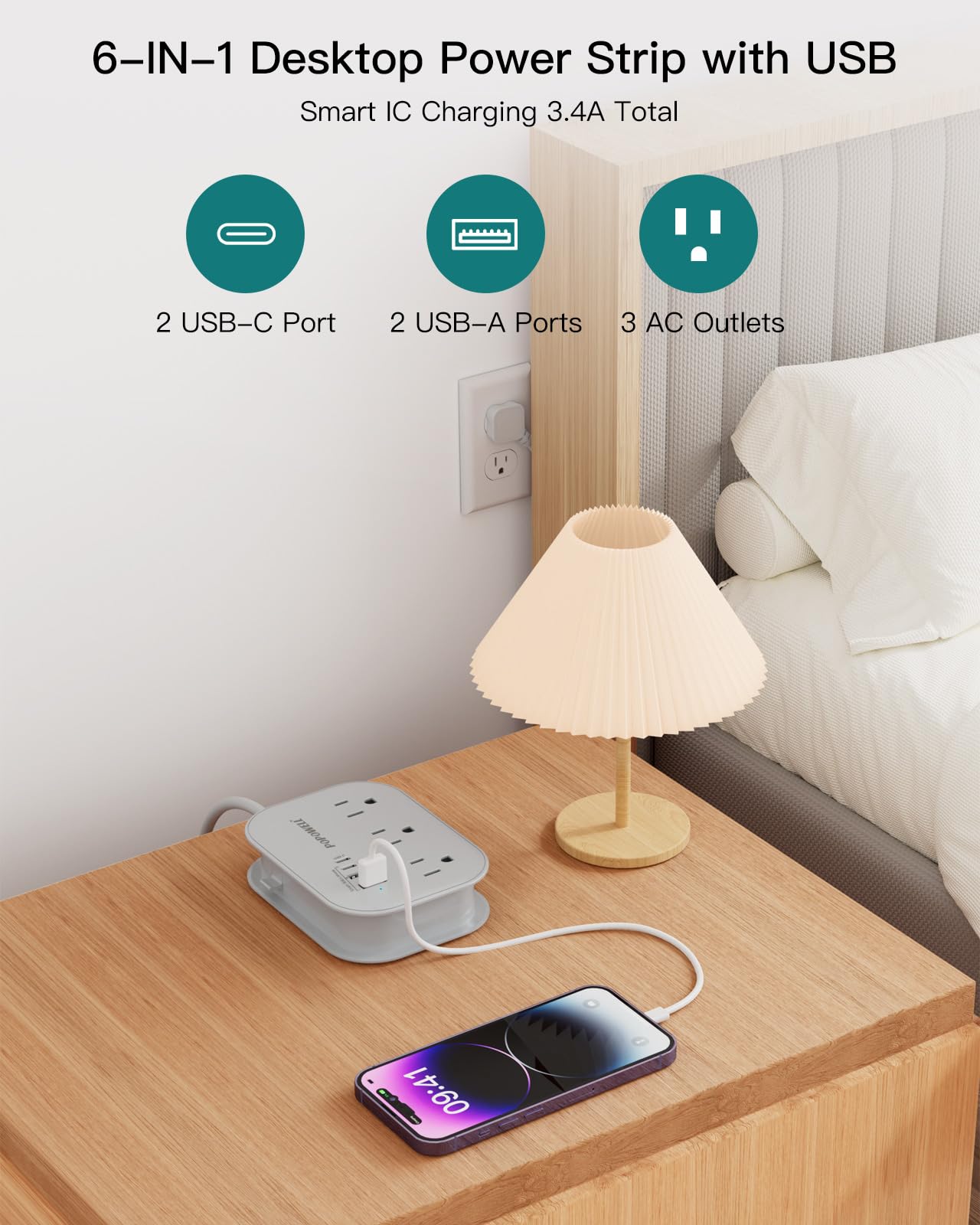 Flat Plug Travel Power Strip with USB-C – Compact 6-in-1 Desktop Charging Station (Grey)