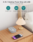 Flat Plug Travel Power Strip with USB-C – Compact 6-in-1 Desktop Charging Station (Grey)
