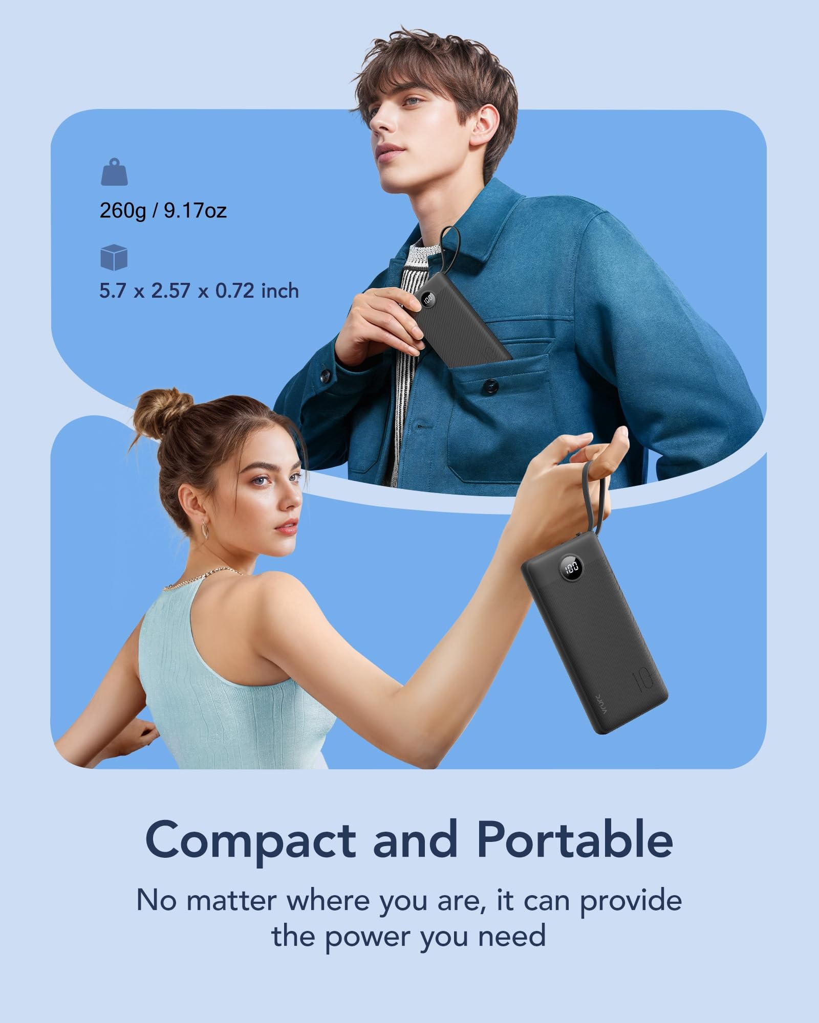 Ultra Slim 10000mAh Power Bank with Built-In Cables & LED Display – Fast Charging Portable Battery Pack (Black)