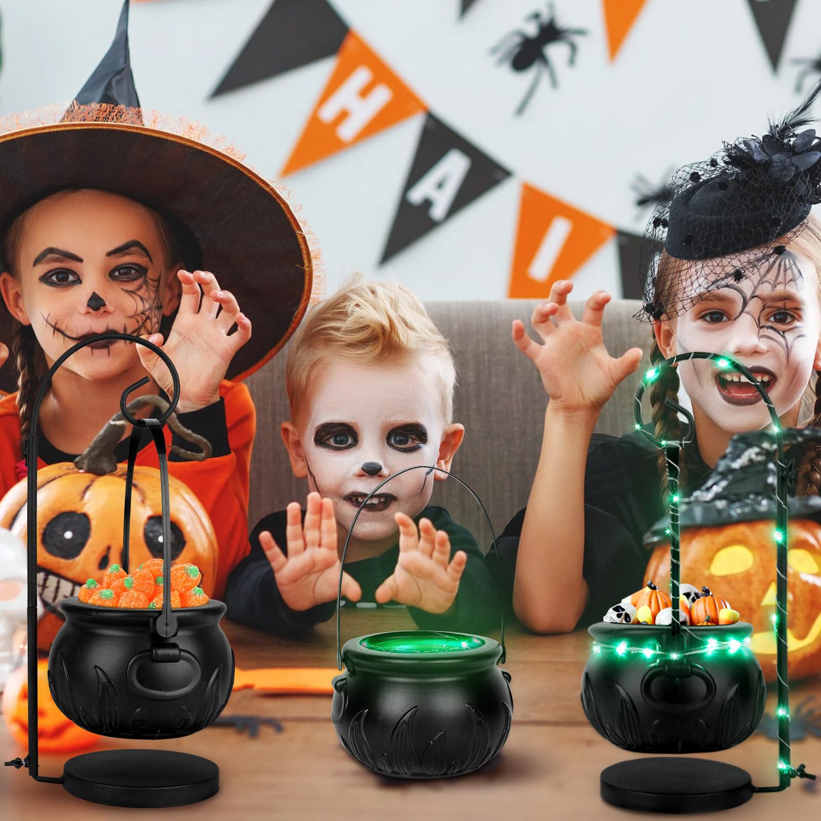 Witch Cauldron Candy Bowl with Light & Stand – 8” Black Halloween Pot Decoration