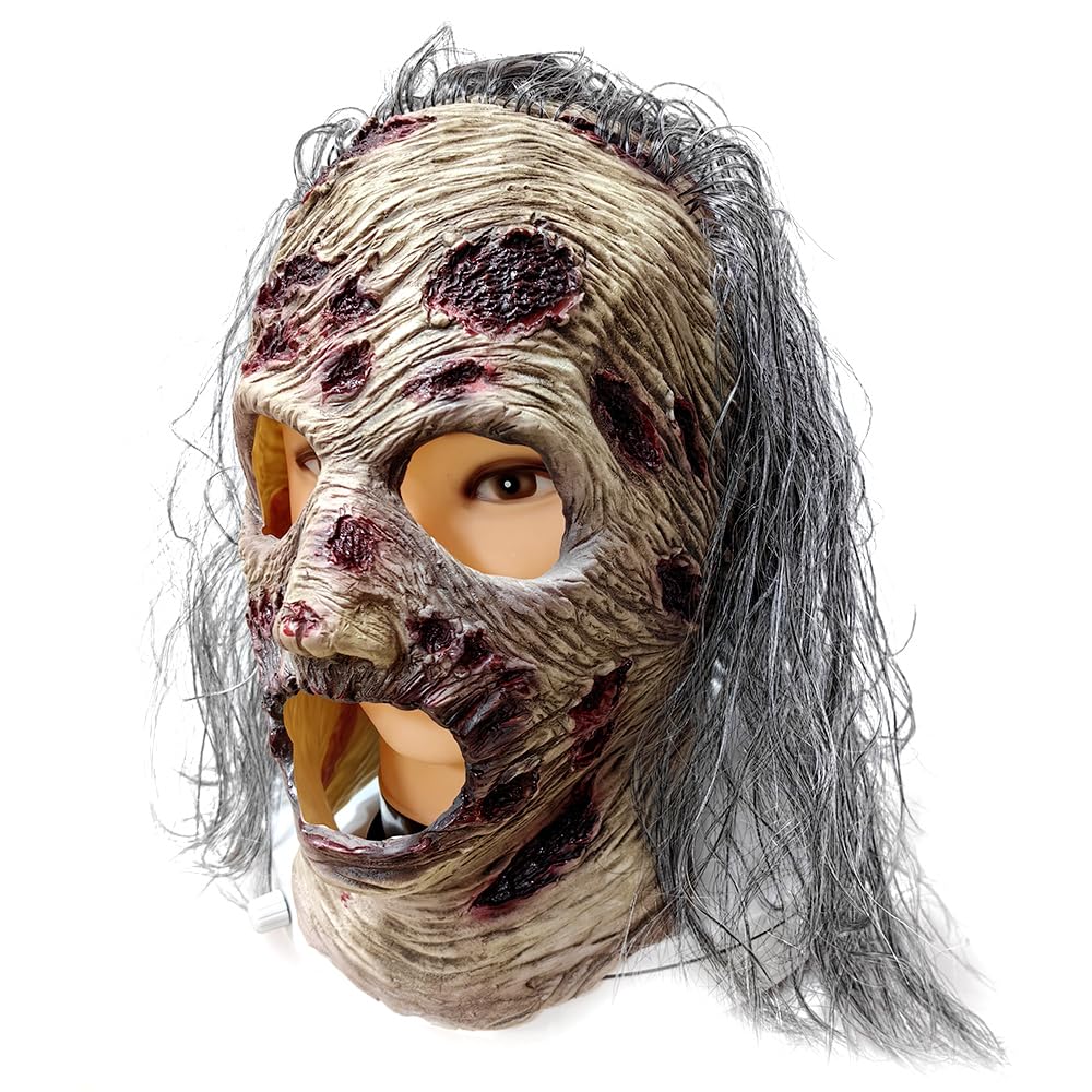 Grey Realistic Zombie Mask – Latex Horror Mask with Purple Hair & Open-Mouth Design 🧟‍♂️💀