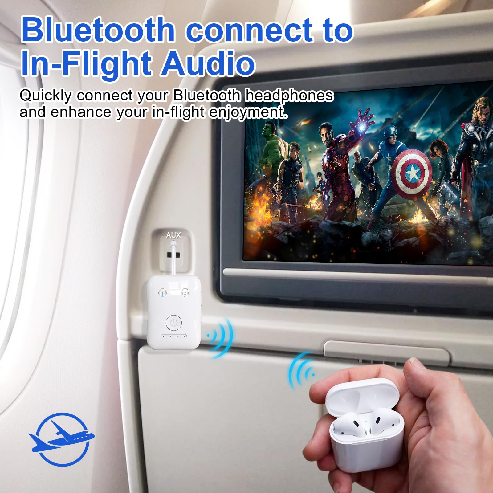 BF02 Bluetooth 5.4 Audio Transmitter for TV & Airplane, Dual Headphone Pairing Wireless Adapter with 30H Battery & AUX/RCA Support – Ivory