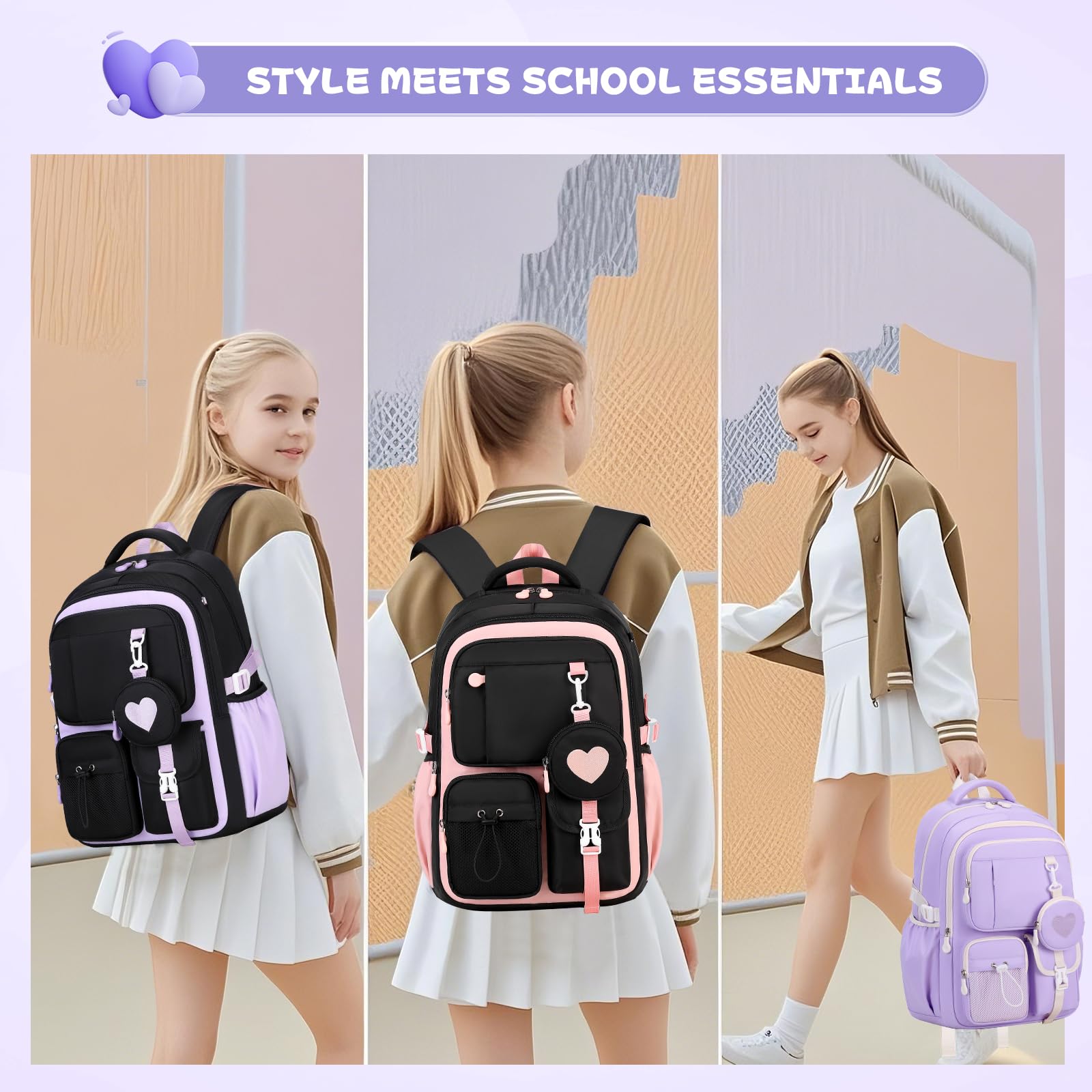 Moonbaby Girls School Backpack 15.6 Inch – Lightweight Waterproof Bookbag for Ages 8–12