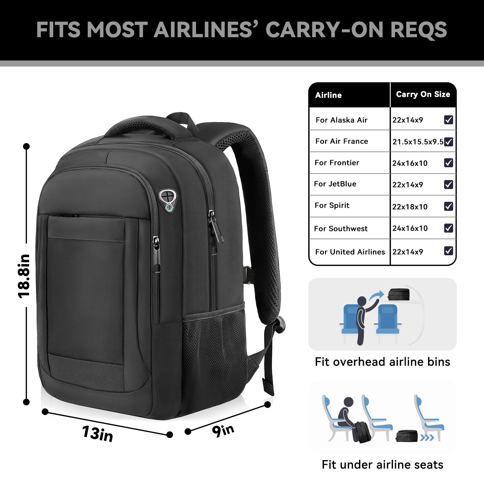 Large Airline-Approved Travel Laptop Backpack with Anti-Theft Pocket – Fits 17.3” – Black