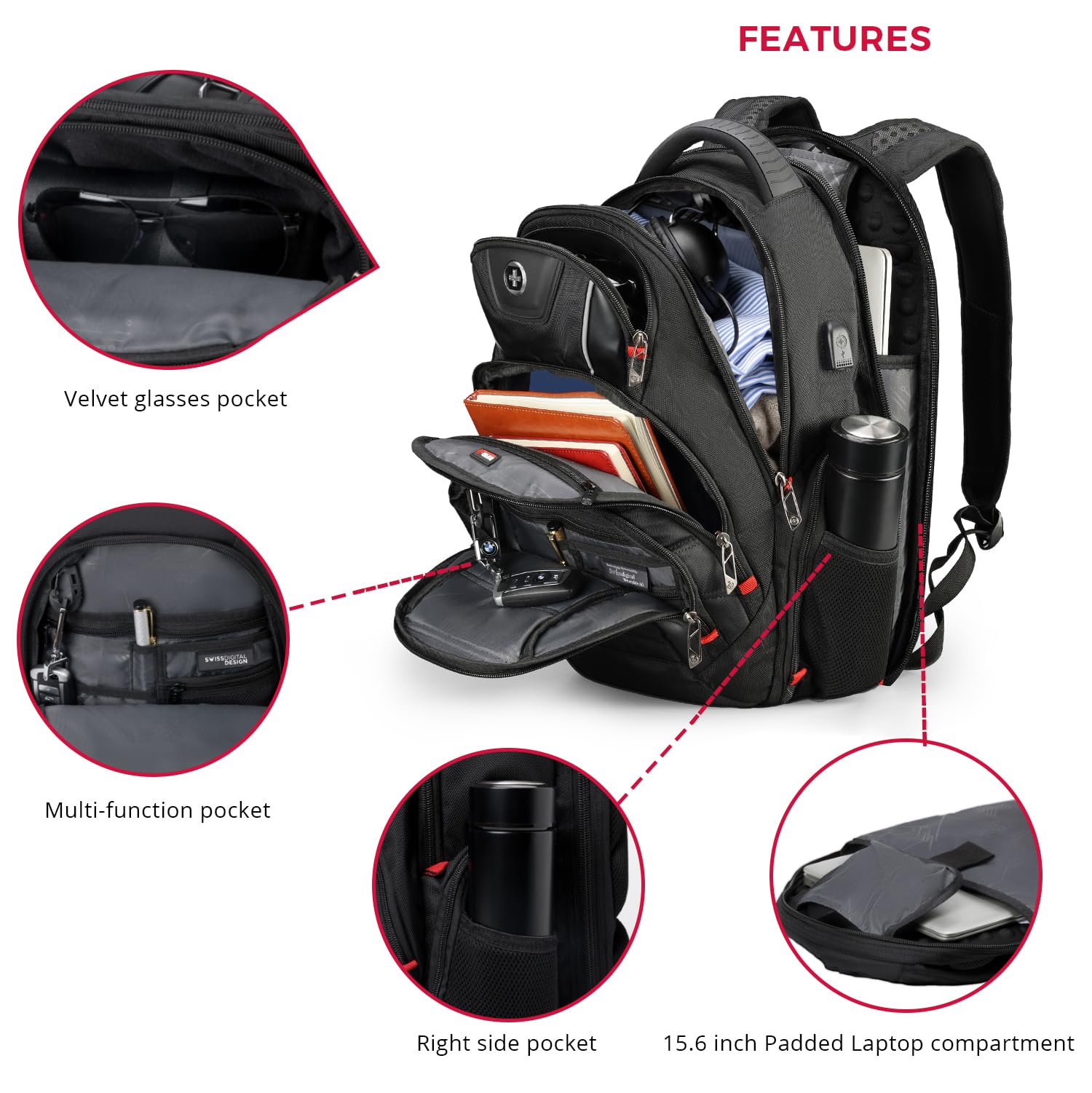 Swissdigital Design Travel Laptop Backpack – TSA Friendly USB-C Charging RFID Business Bag