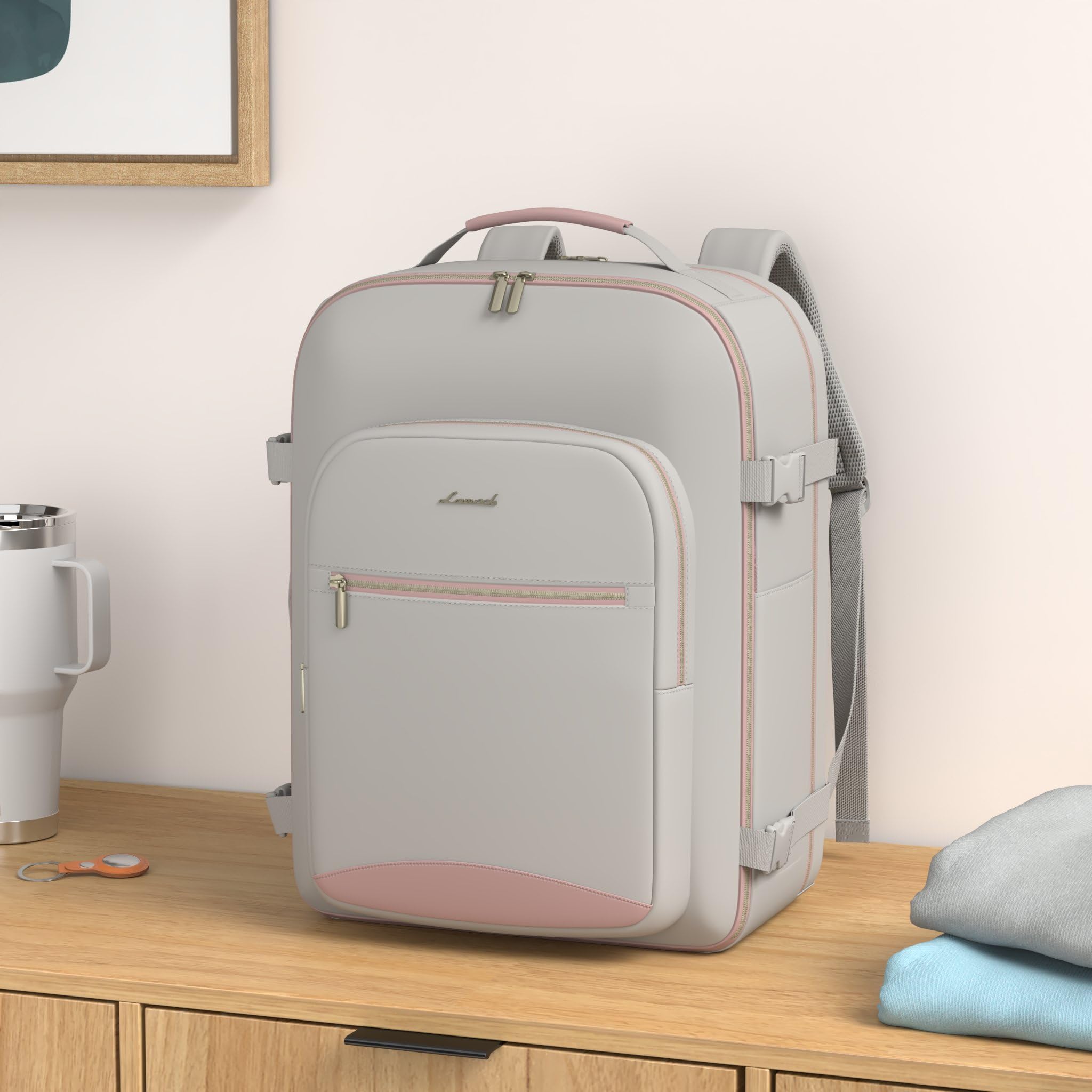 LOVEVOOK 40L Airline-Approved Carry-On Travel Backpack with Packing Cubes & Wet Pocket – Gray Pink