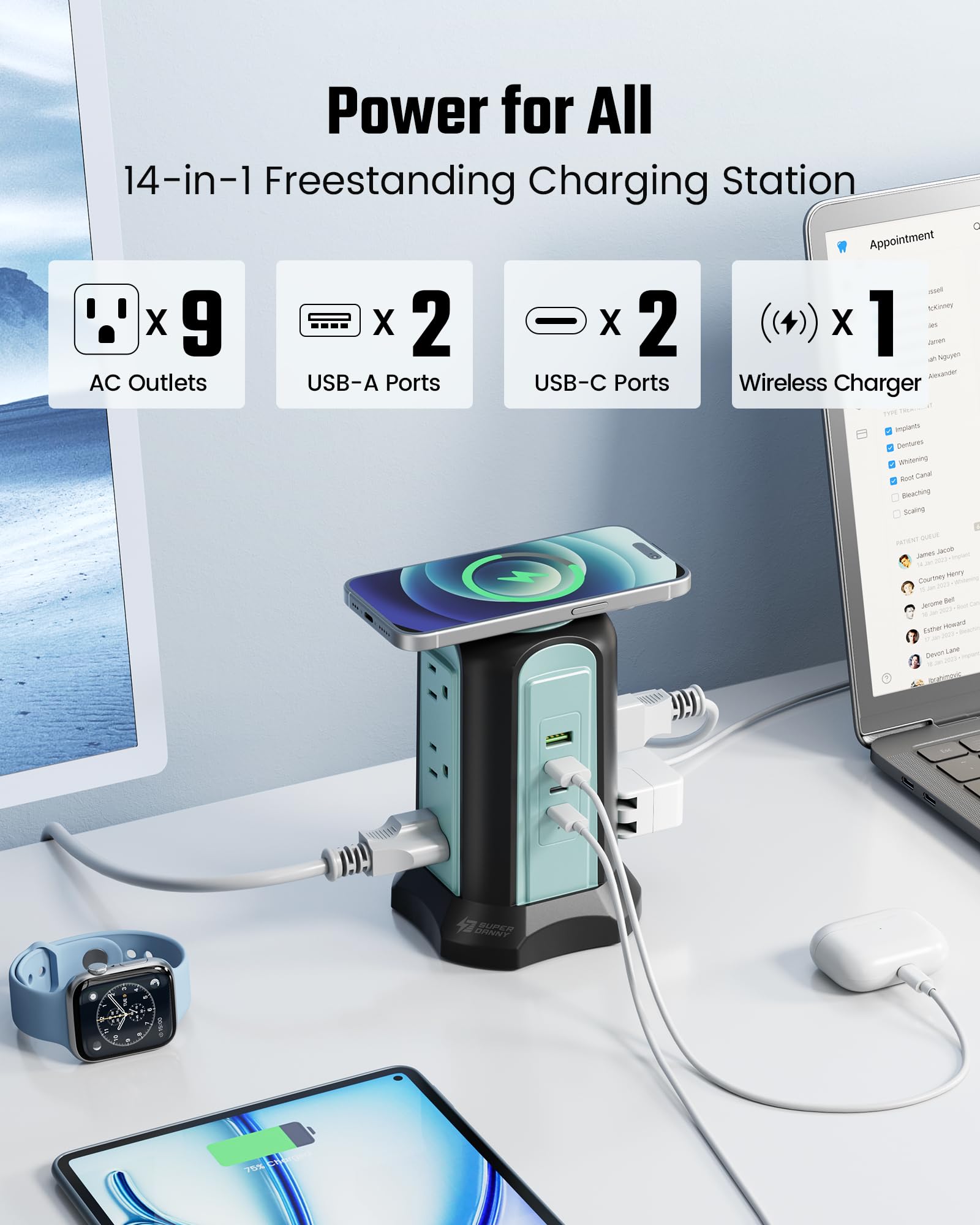 Surge Protector Tower with Wireless Charger – 9 AC Outlets, 4 USB Ports & 10Ft Extension Cord