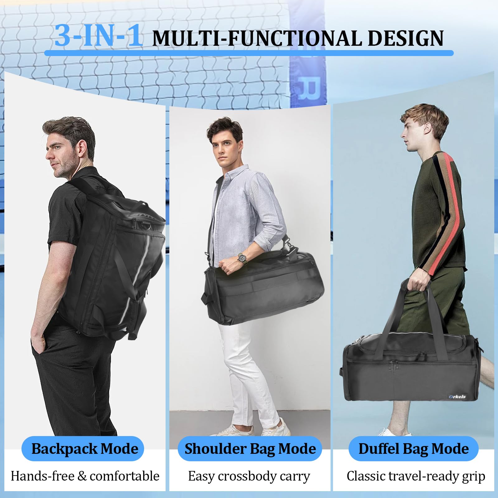 ORKELS 29L 3-in-1 Gym Bag Backpack – Waterproof Sports Duffle with Shoe & Wet Pocket for Travel and Fitness (Black)