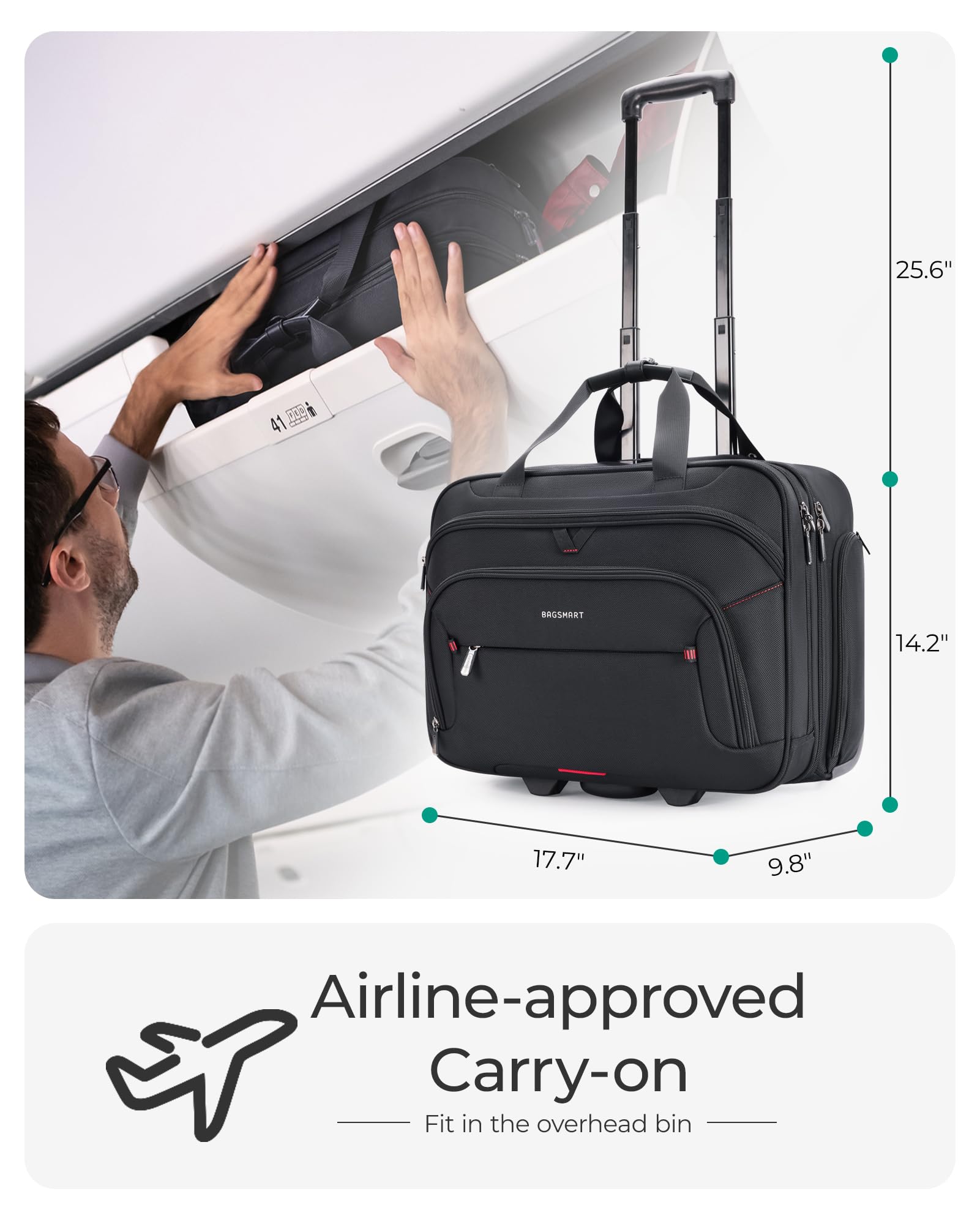 Bagsmart Rolling Laptop Briefcase with Wheels for 17.3-Inch Laptop & TSA Lock – Black