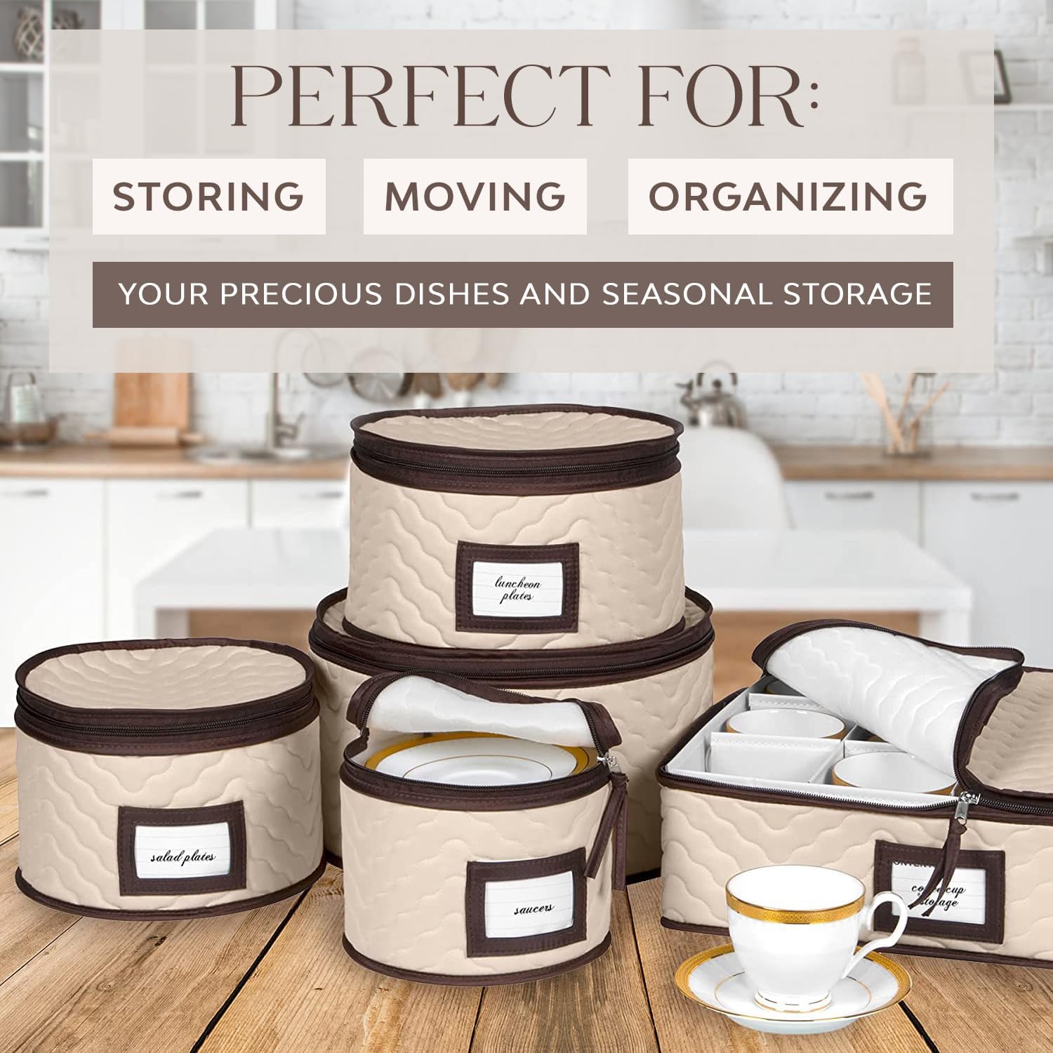 Quilted China Storage Container Set – 5-Piece Dinnerware & Glassware Protection Organizer (12 Place Settings)
