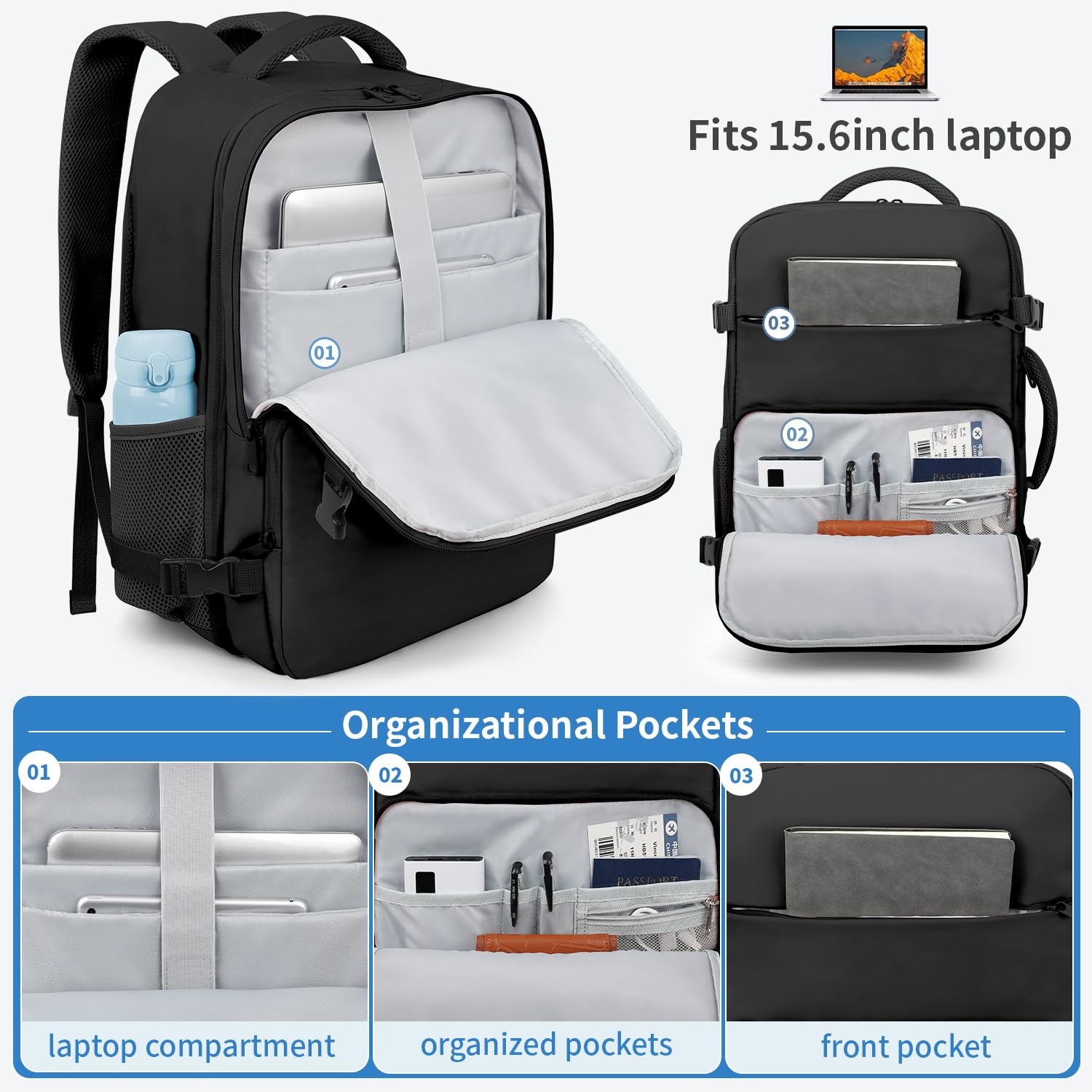 ZOMFELT TSA-Approved Carry-On Travel Backpack with 15.6” Laptop Compartment & Wet Pocket – Black
