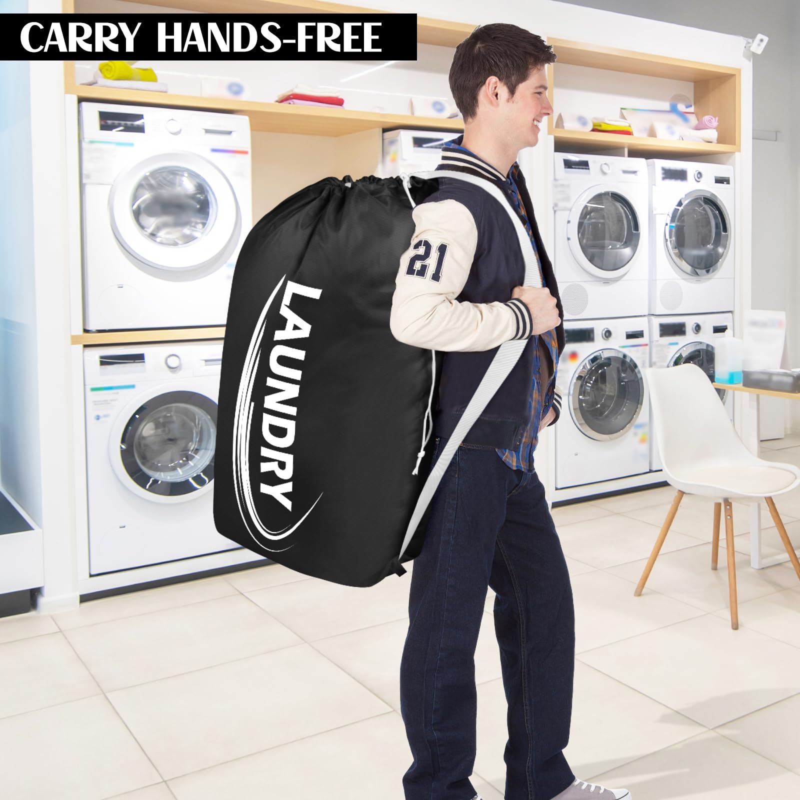 Extra Large Laundry Bag with Shoulder Strap – Heavy Duty Drawstring Clothes Storage Bag (Black & Grey)