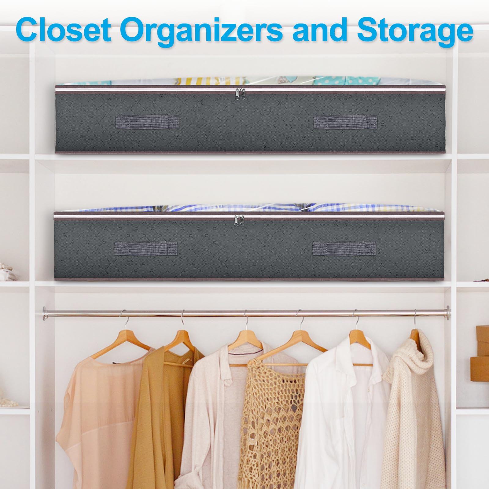Budding Joy 90L Under Bed Storage Containers – Foldable Closet Organizer Bags with Clear Window (Grey)