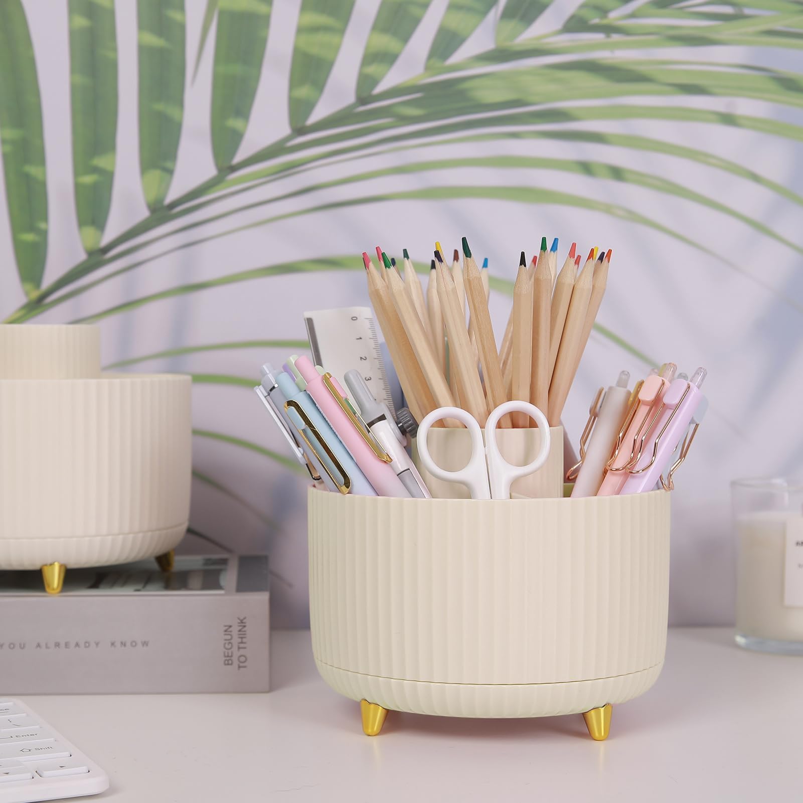 SkyDue 360° Rotating Desk Pen Organizer with 5 Compartments Space Saving Pencil Holder & Multi Purpose Desktop Storage