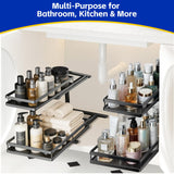 Heavy-Duty Under Sink Organizer with Dual-Rail Ball Bearings – 2-Tier Adjustable Pull-Out Storage, No-Drill Installation (Matte Black, 2-Pack)