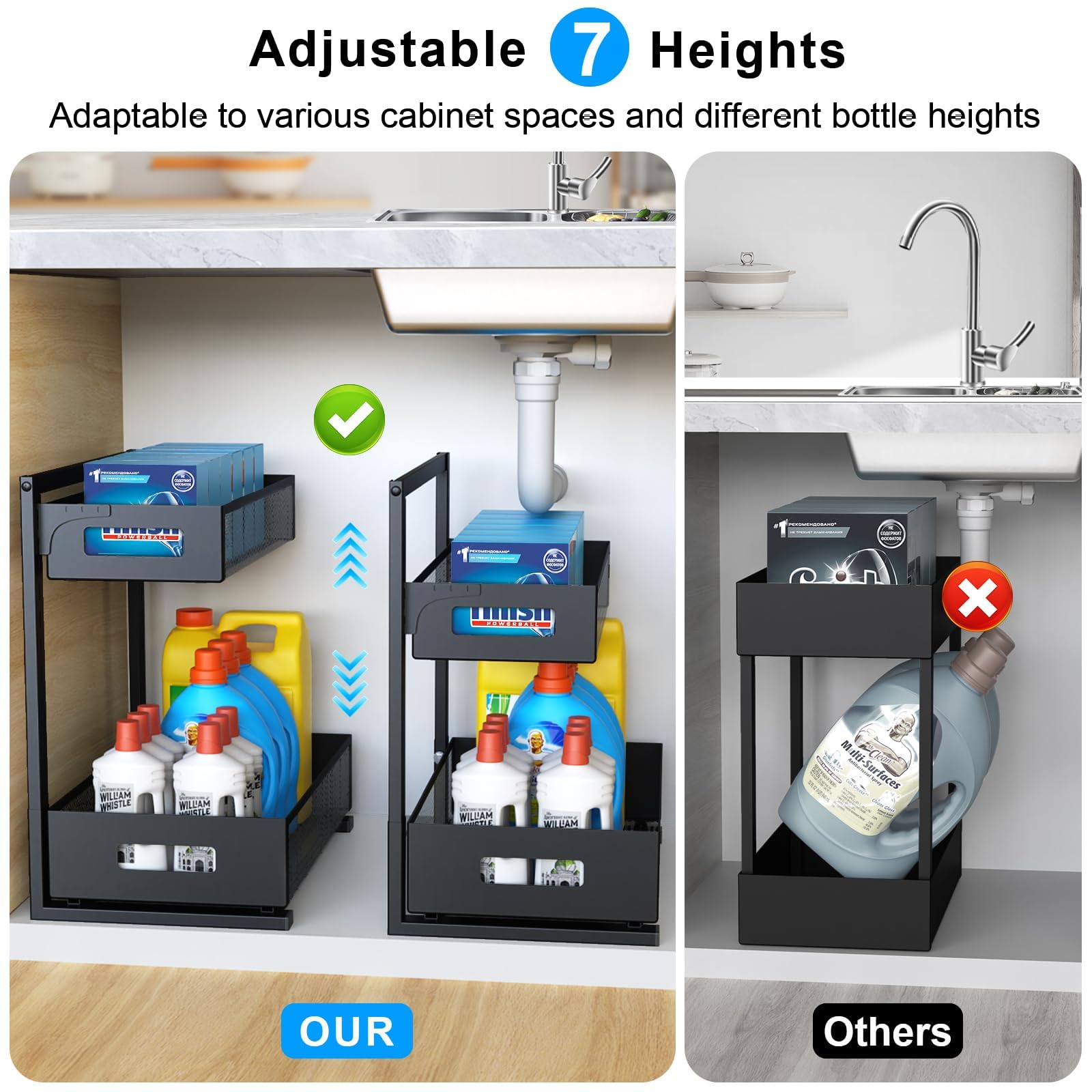 Petiza Adjustable Under Sink Organizer – 2 Tier Pull-Out Cabinet Storage (Black)