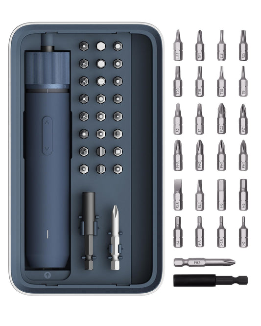 25-Piece Electric Screwdriver Set with 3 Torque Levels, 1500mAh Rechargeable Battery & LED Ring Light – Navy Blue