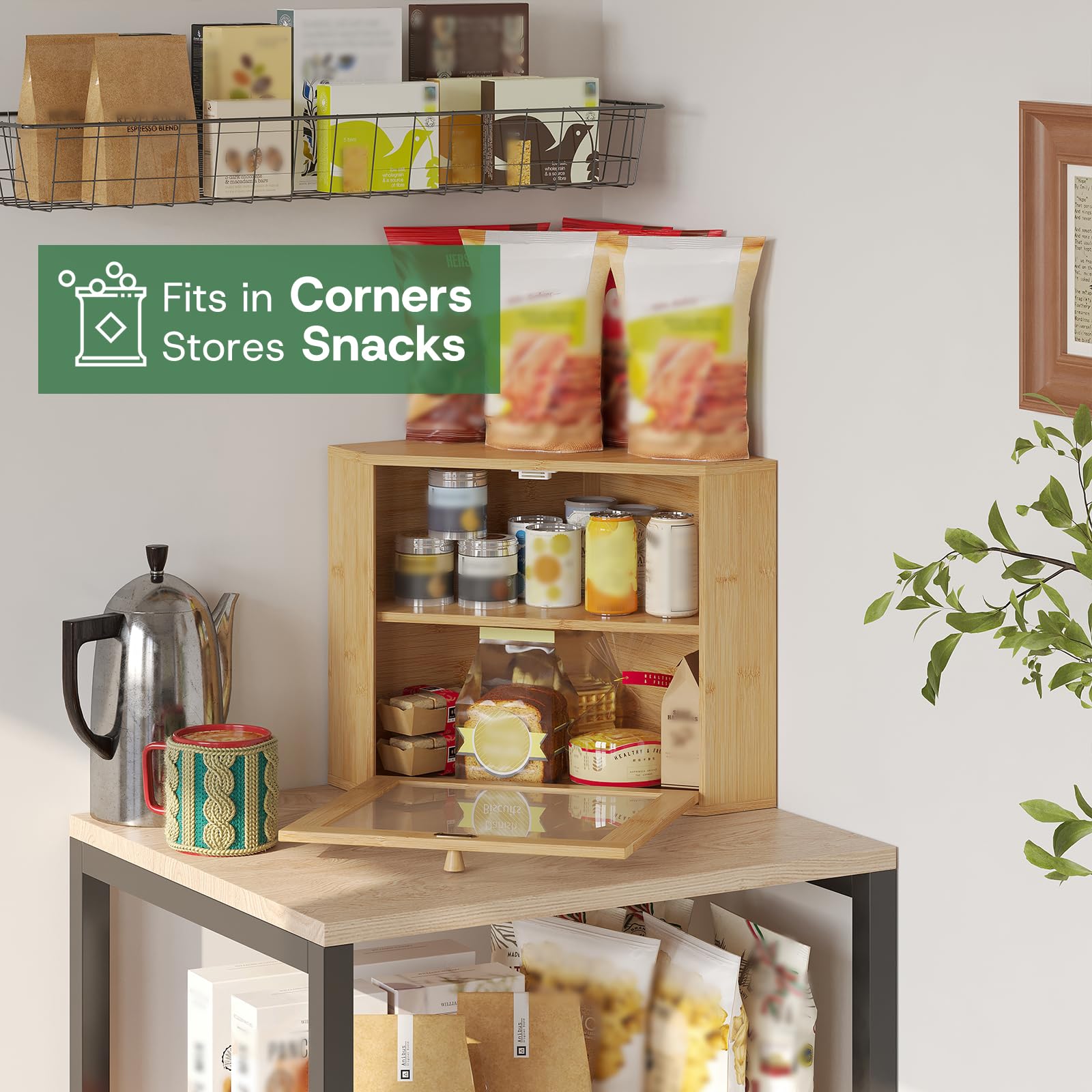 Large Corner Bamboo Bread Box with Adjustable Shelf & Wavy Acrylic Door for Kitchen Countertop