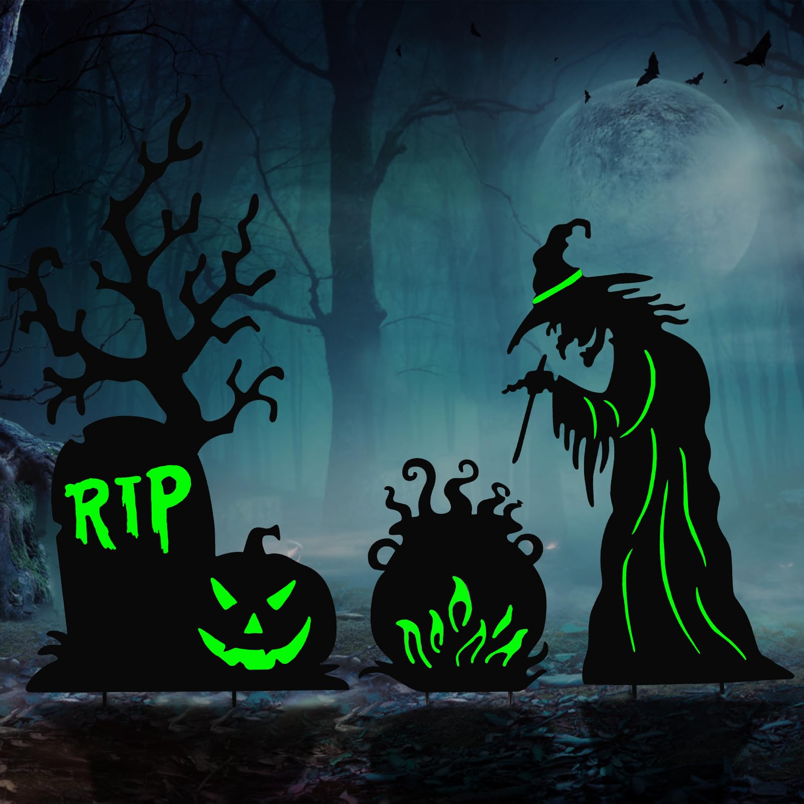 Metal Halloween Yard Stakes – Witch, Tombstone & Cauldron Silhouette Set with Fluorescent Green Glow (Waterproof Outdoor Decor)
