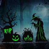 Metal Halloween Yard Stakes – Witch, Tombstone & Cauldron Silhouette Set with Fluorescent Green Glow (Waterproof Outdoor Decor)