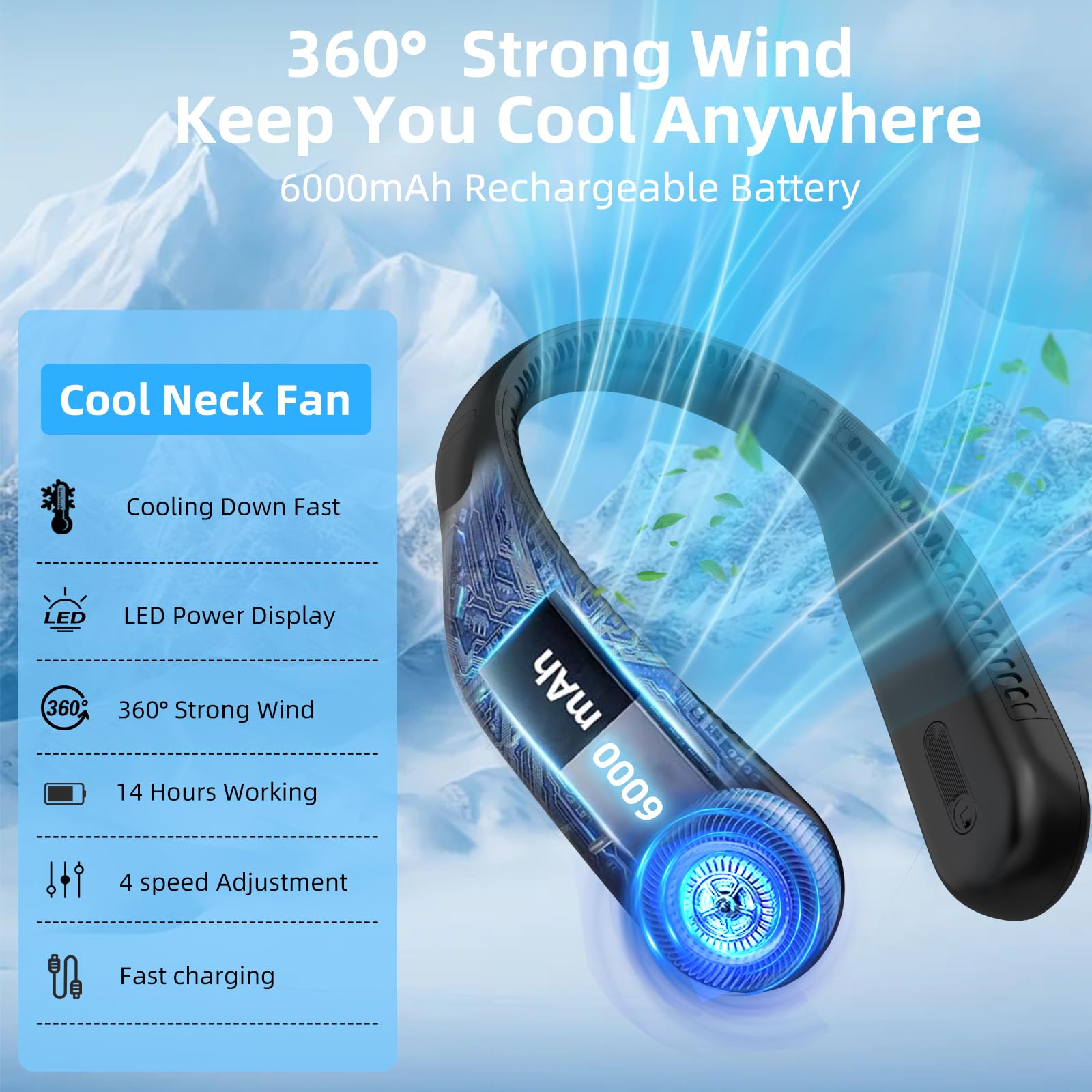 6000mAh Rechargeable Neck Fan – Bladeless Portable Cooling Fan with LED Display & 4 Speed Modes