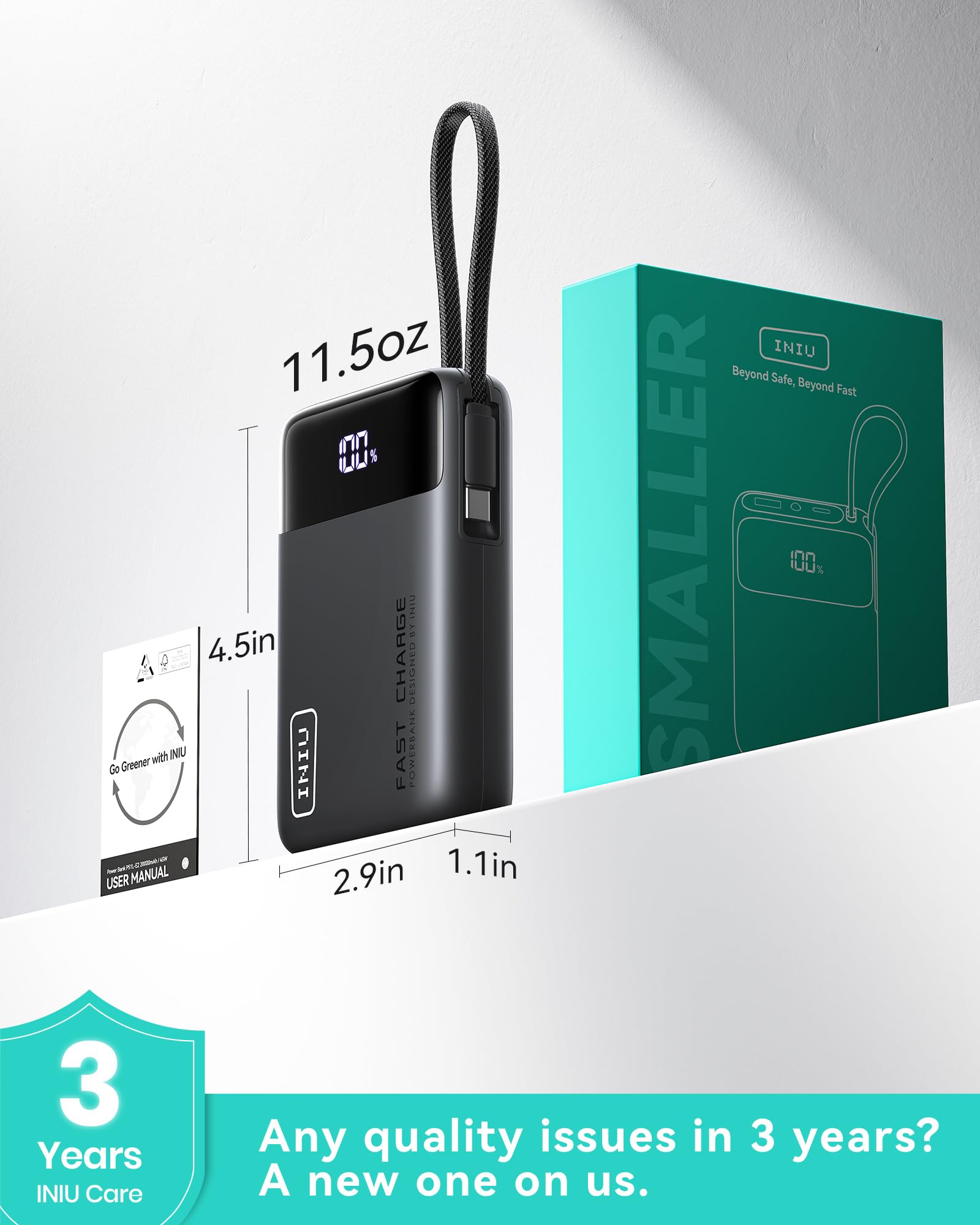 INIU 20000mAh 45W Fast Charging Power Bank – Portable Battery Pack with Built-in USB-C Cable