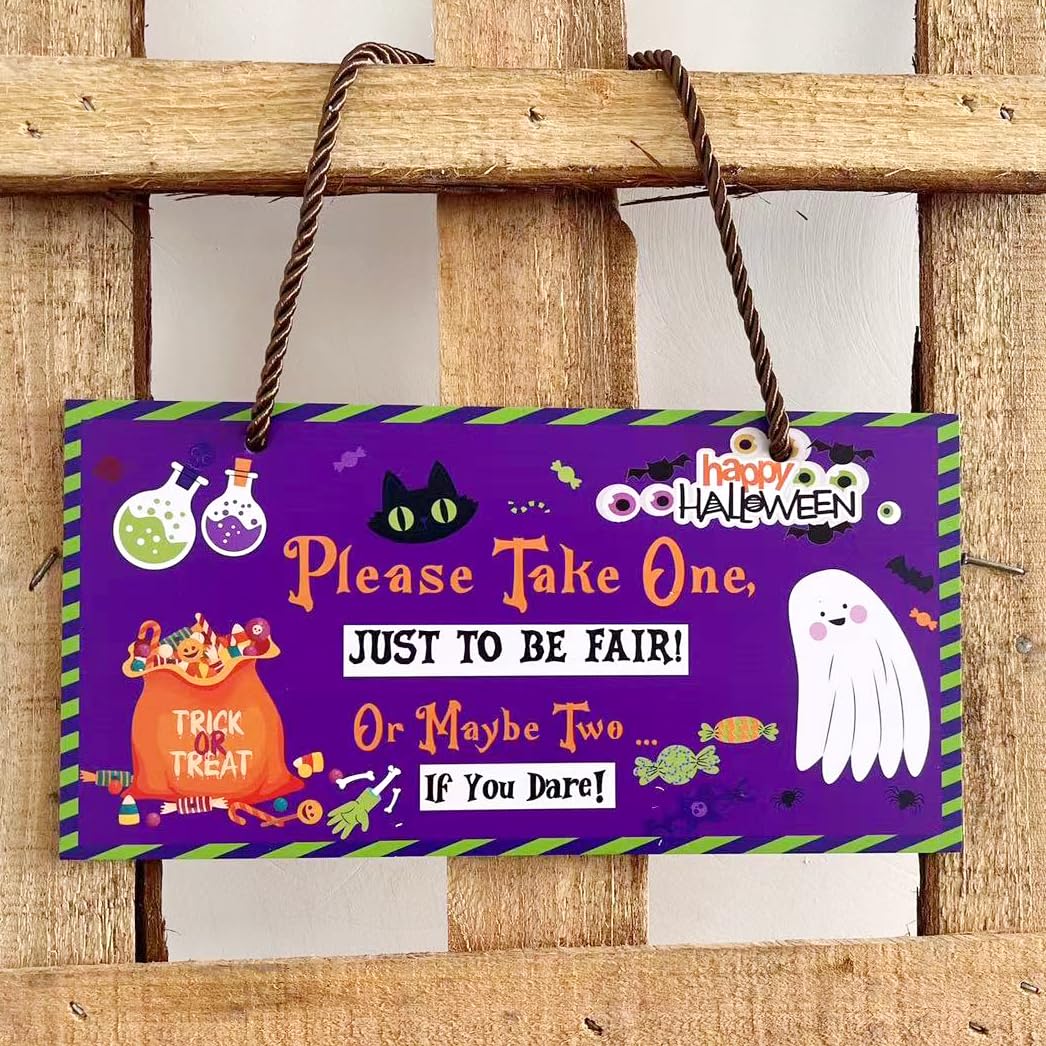 Reversible Trick or Treat Halloween Sign – Double-Sided Candy Bowl Door Hanger (10x5 Inch PVC)