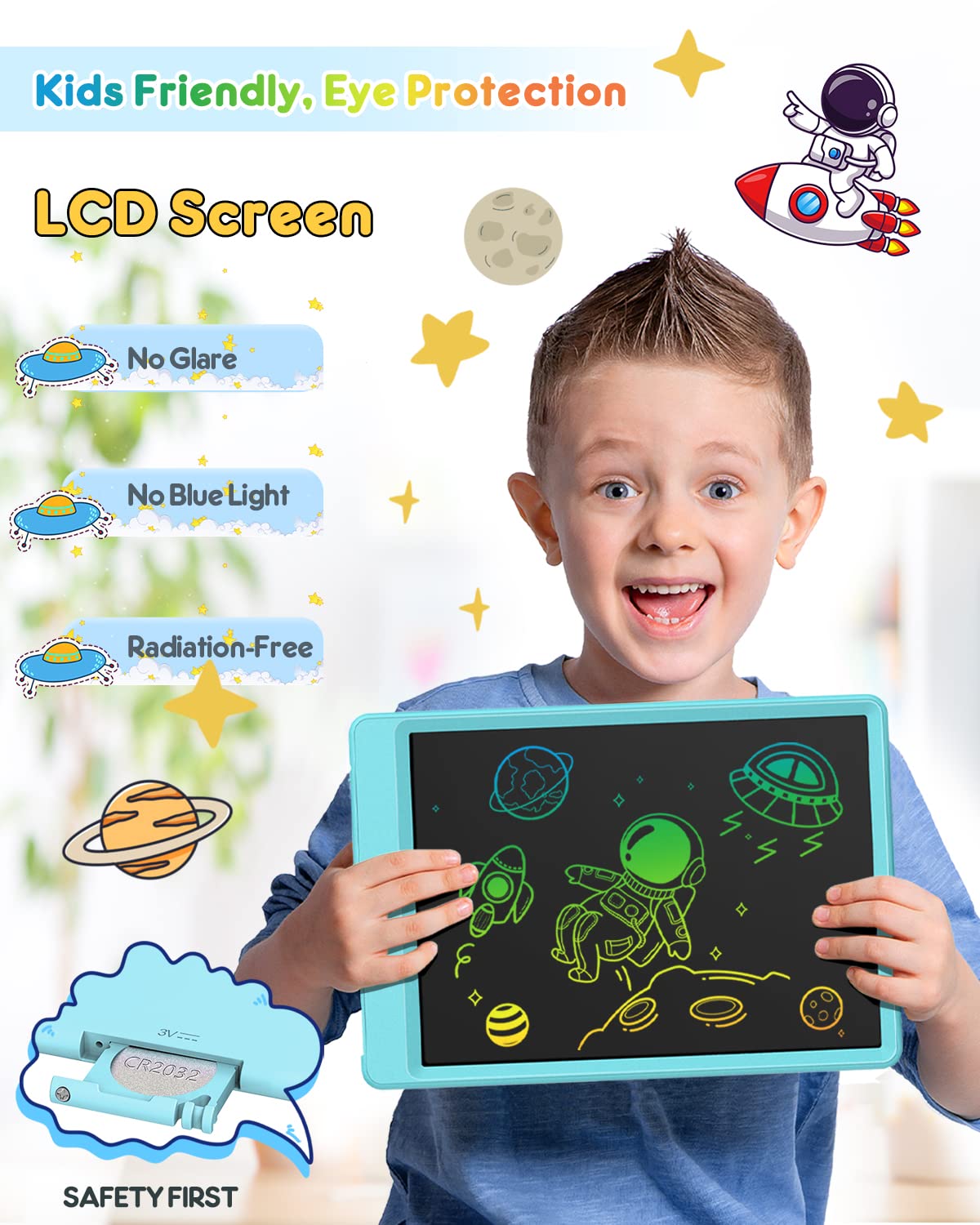 10” Kids LCD Writing Tablet – Eye-Safe Reusable Doodle Board (Delightful Dolphin Blue)