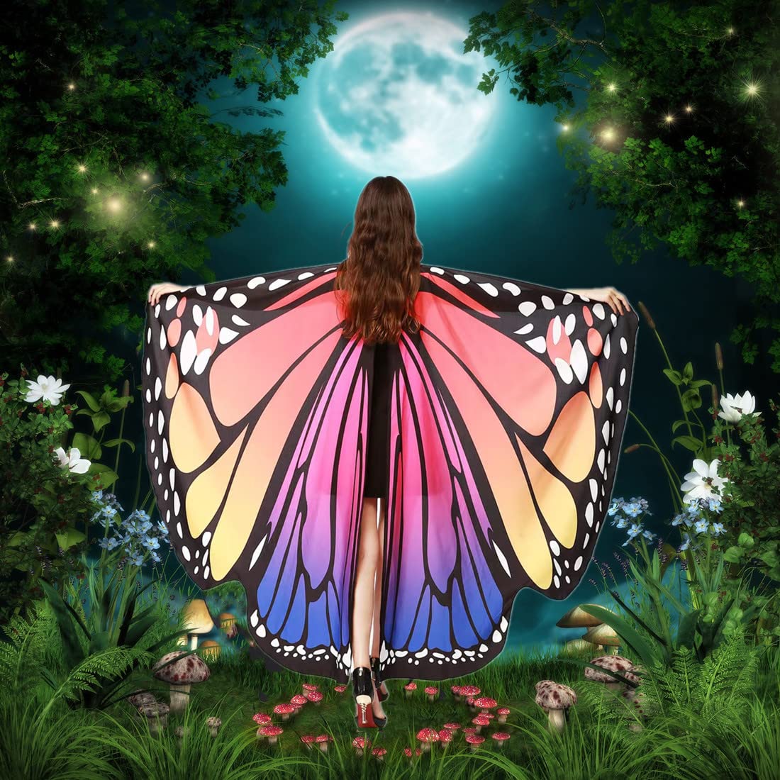 Women’s Butterfly Wings Costume Shawl – Red & Blue Fairy Cape with Antenna Headband for Halloween & Cosplay