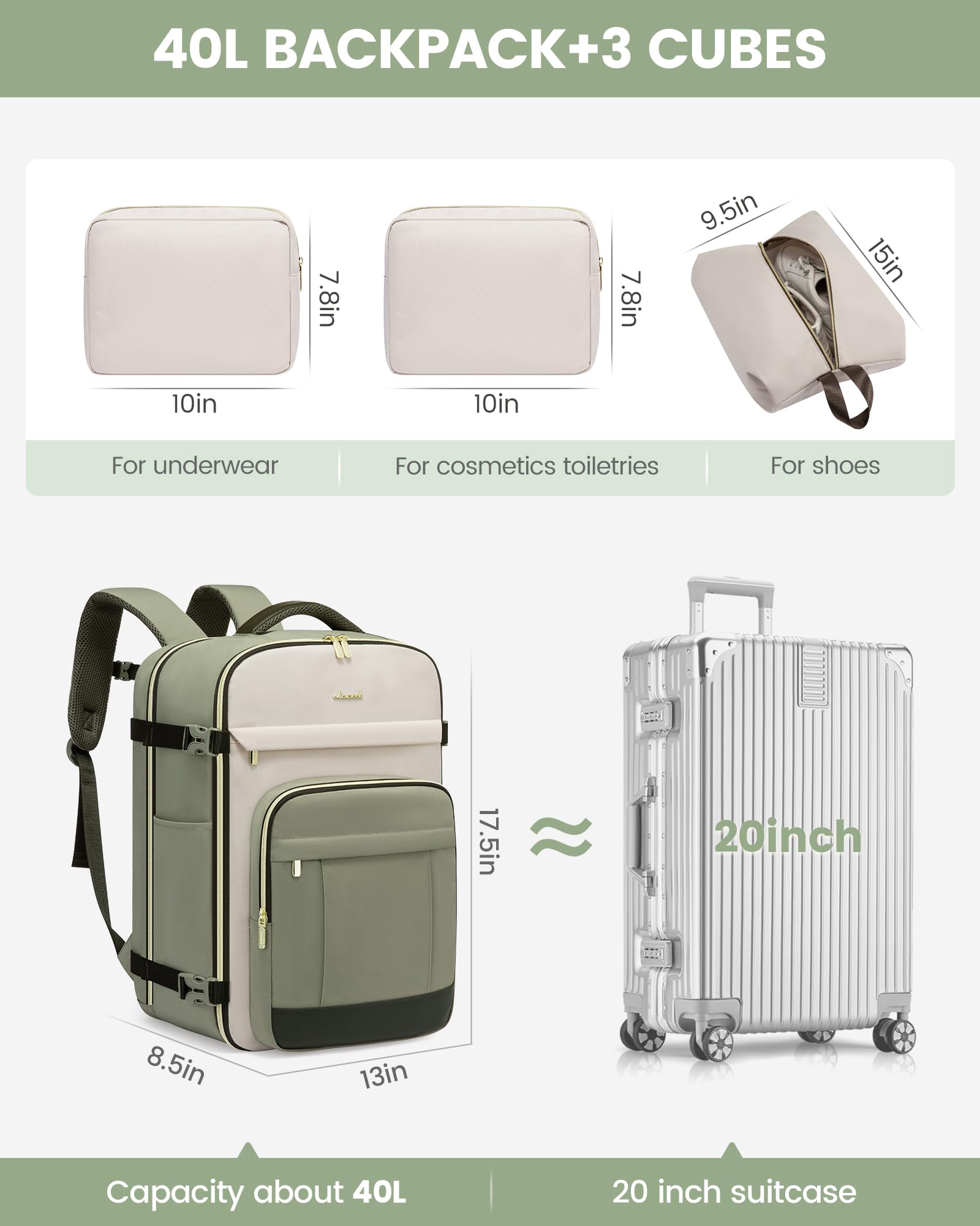 LOVEVOOK 40L Carry-On Travel Backpack with 3 Packing Cubes – Fits 17.3” Laptop – Airline Approved
