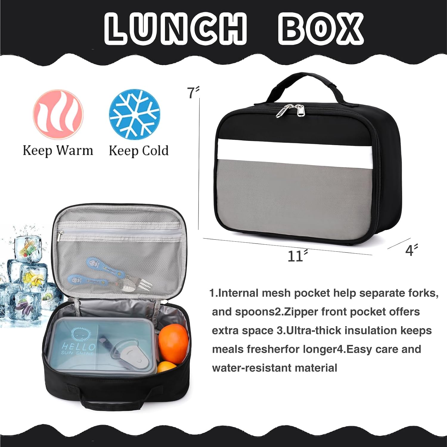 Black Grey Kids Backpack Set with Insulated Lunch Bag