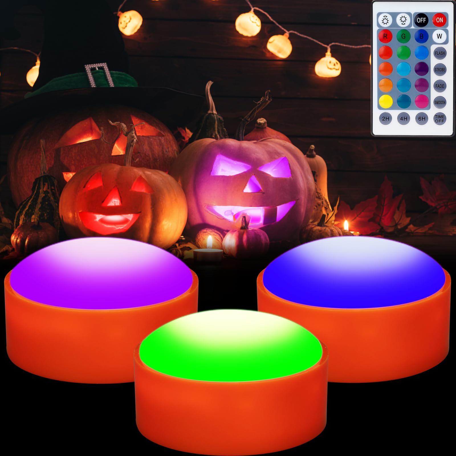 Litake RGB Pumpkin Lights (3-Pack) – 16-Color Changing LED Jack-O’-Lantern Lights with Remote, Timer & Adjustable Brightness (Battery Operated)
