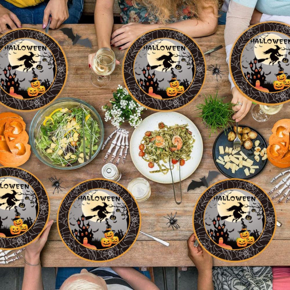 Halloween Party Plates & Napkins Set – 50 Pcs Disposable Black Tableware Kit for Spooky Celebrations