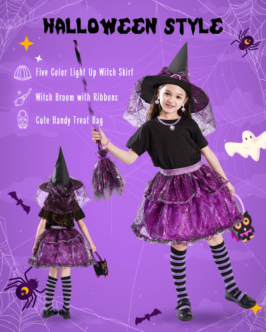 Purple Light-Up Witch Costume Set for Girls – 6-Piece Halloween Dress-Up Kit with LED Skirt, Hat, Broom & Jewelry