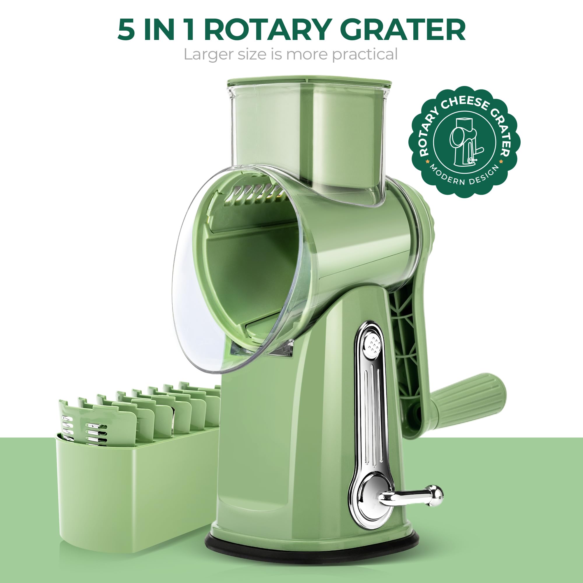 Rotary Cheese Grater with Hand Crank – 5 Interchangeable Blades, Suction Base, BPA-Free