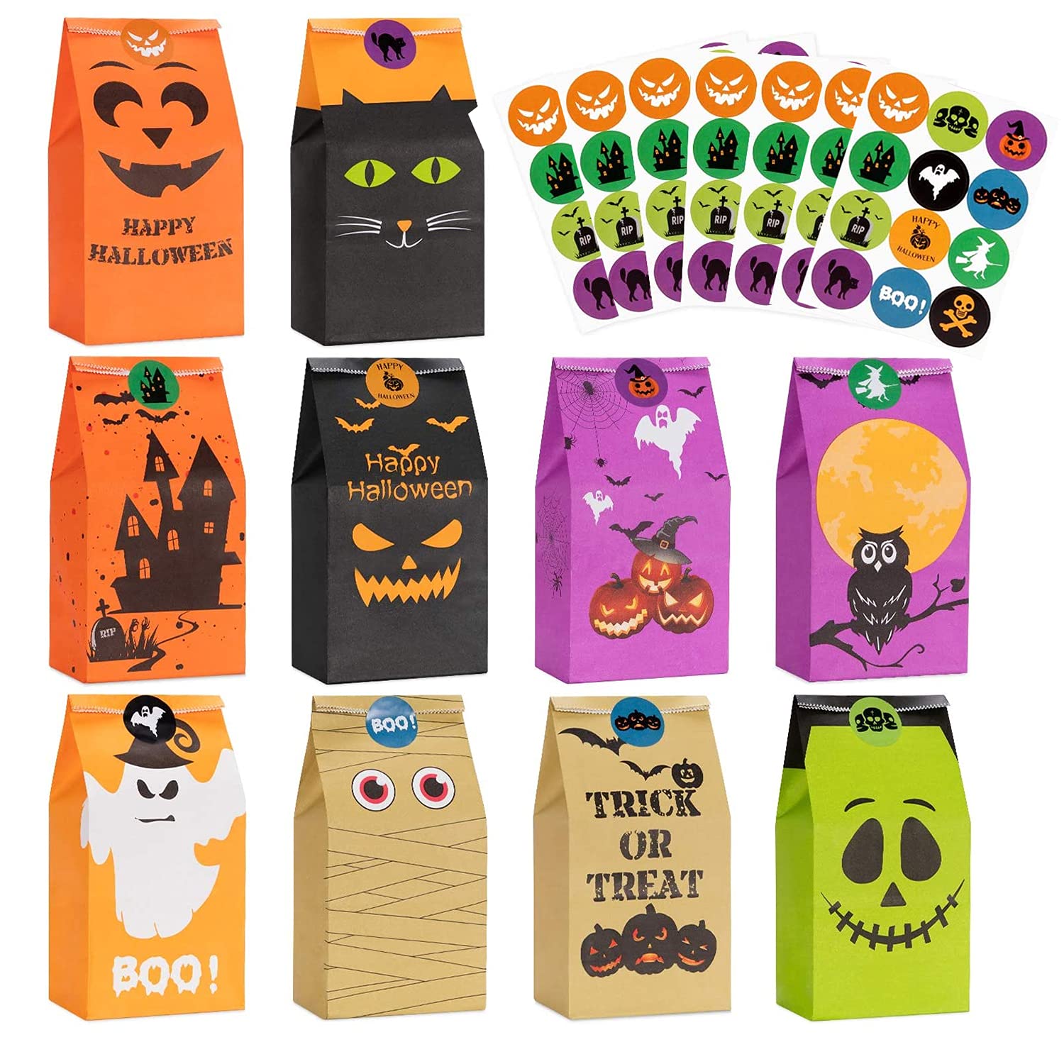 Halloween Candy Treat Bags – 80-Pack Trick-or-Treat Paper Gift Bags with 84 Stickers (10 Designs, Kids Party Favors)