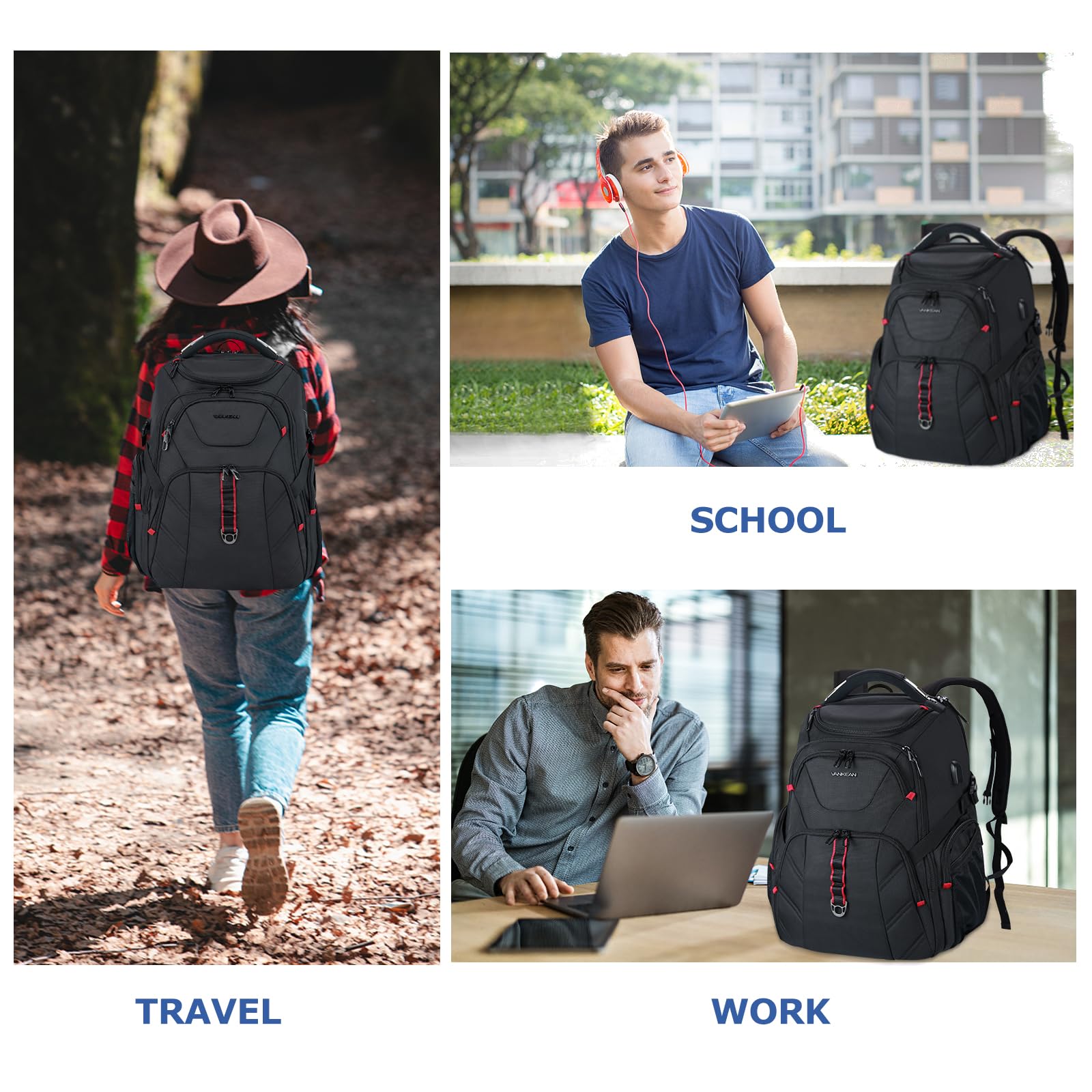 VANKEAN 17.3” TSA-Friendly Anti-Theft Laptop Backpack with RFID & USB Charging – Extra Large – Black