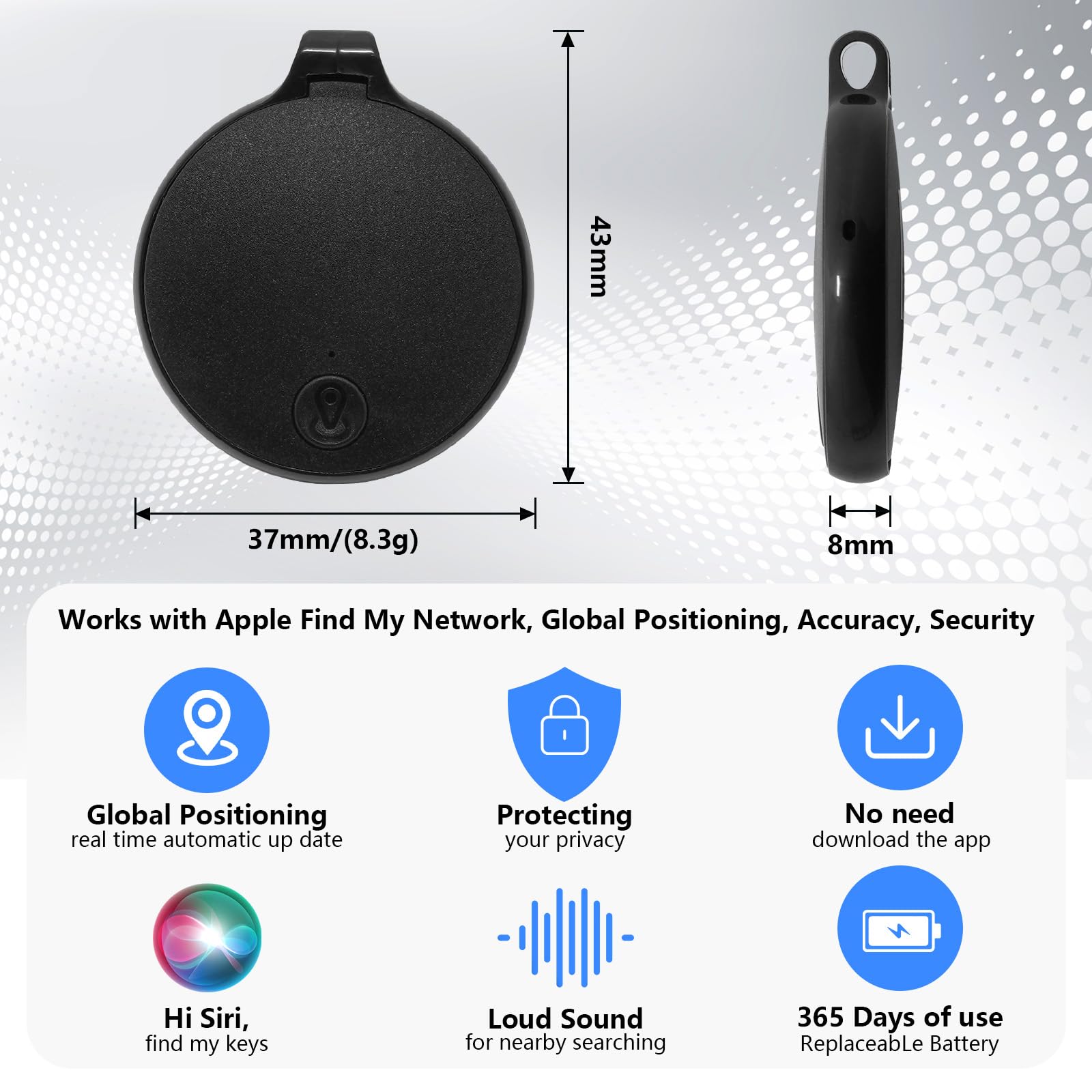 Mini Bluetooth Tracker Tag Apple Find My Compatible, Waterproof Item Locator with Sound Alert & Replaceable Battery – Black