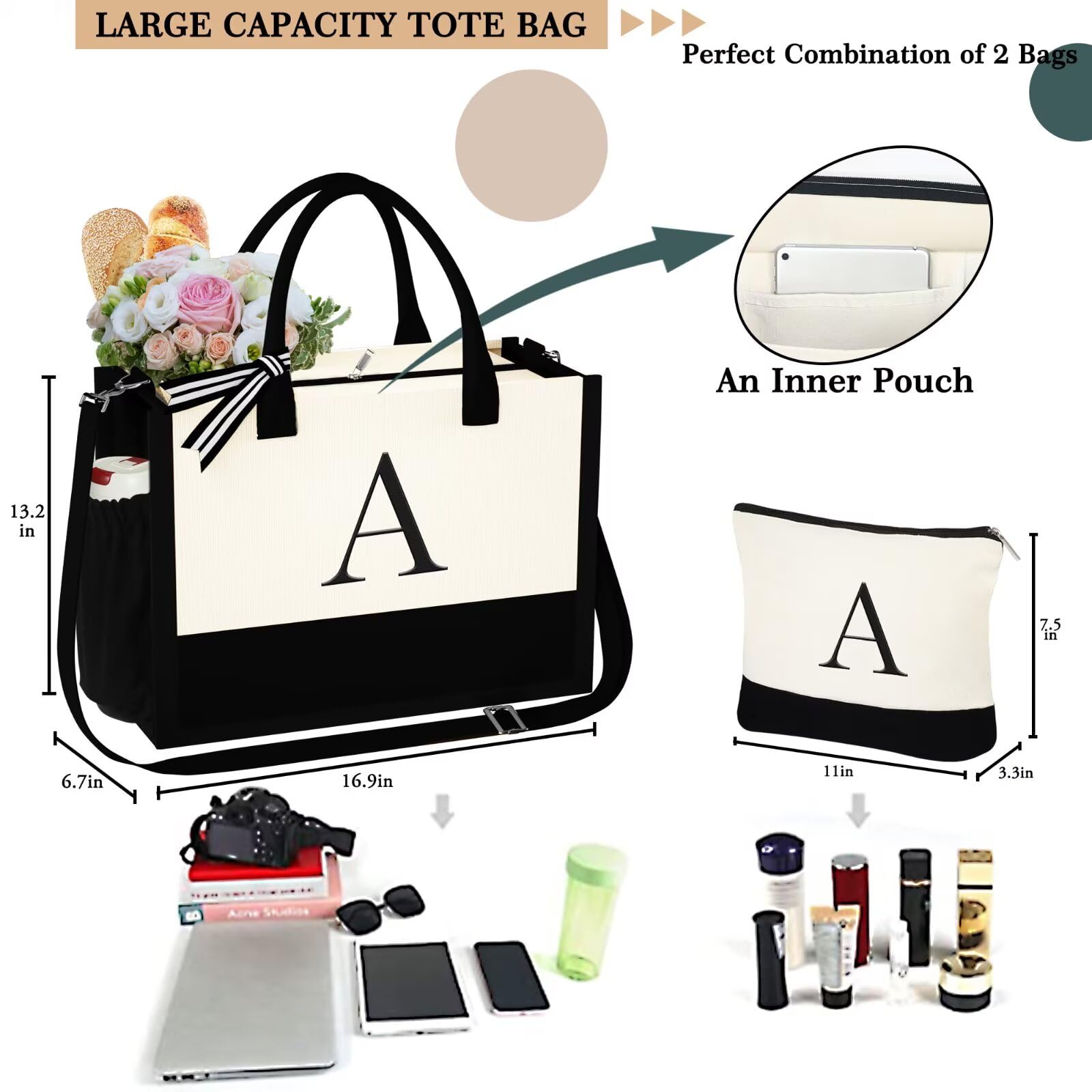 YOOLIFE Personalized Initial Tote Bag for Women – Large Zippered Monogram Tote with Crossbody Strap & Makeup Pouch (White, Letter A)