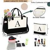 YOOLIFE Personalized Initial Tote Bag for Women – Large Zippered Monogram Tote with Crossbody Strap & Makeup Pouch (White, Letter J)